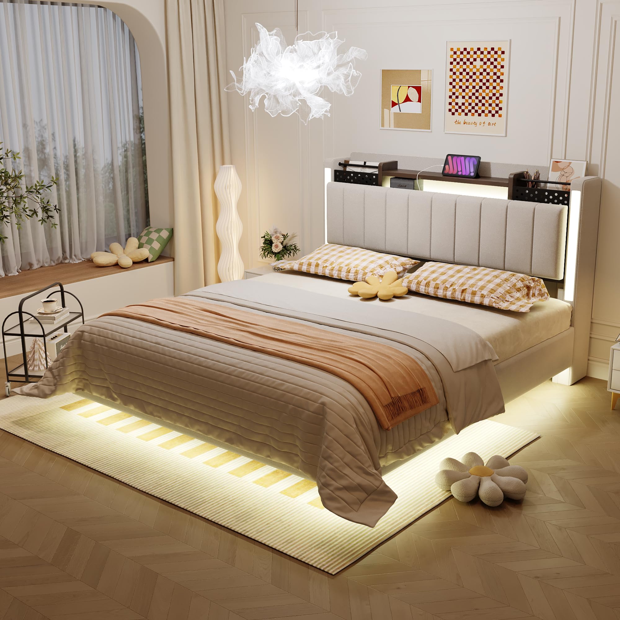 Moimhear Letto imbottito 140x200 cm con illuminazione a LED e presa USB, testiera con vano contenitore, galleggiante, letto per ragazzi, letto per adulti, tessuto di lino (Beige)