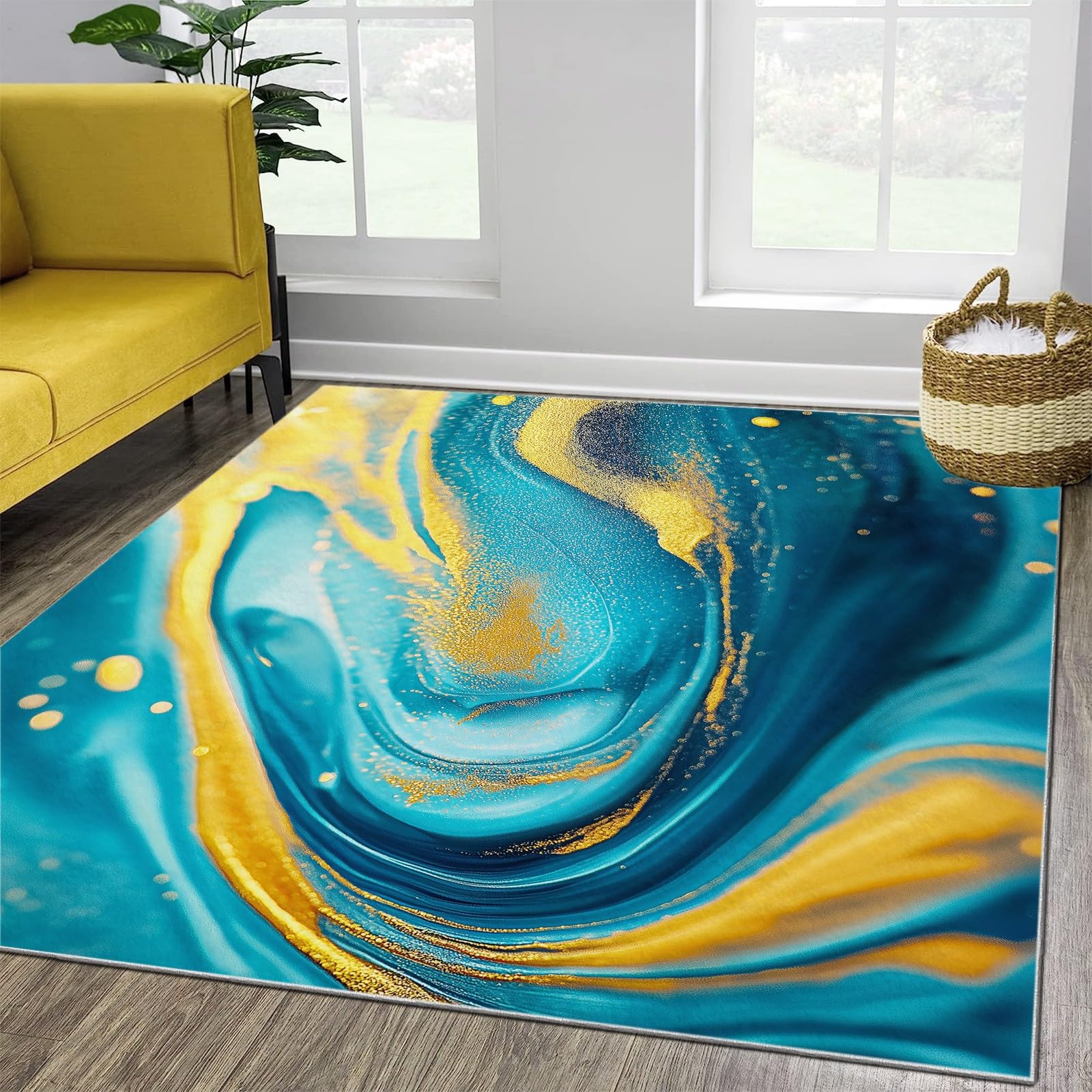 Tapis moderne de luxe vert émeraude et or 180x200 résistant et lavable