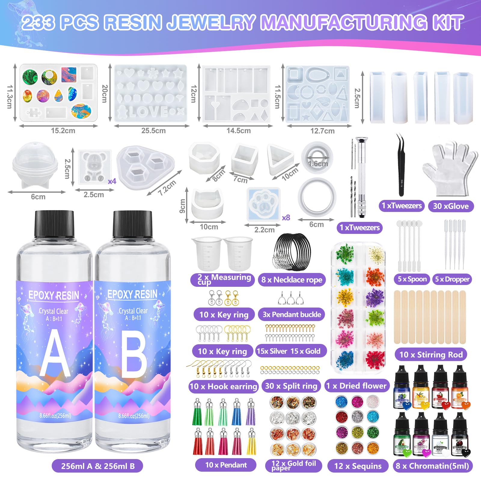 JOTOL Kit de Resina Epoxi,Kit Resina Epoxi Transparente,2 Partes 500ml 1: 1 Kit Resinas Epoxi,para Bricolaje,Artesanía,Hacer Colgante,Llavero,Joyas