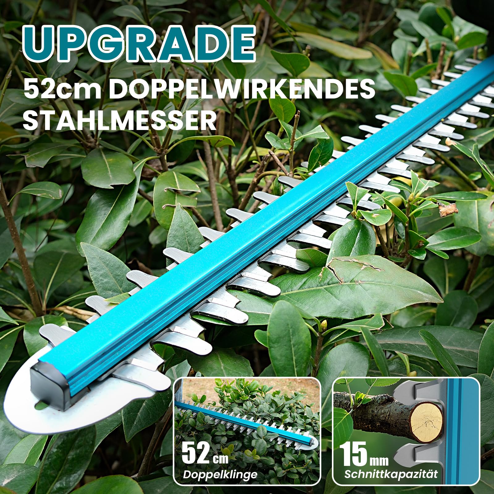 Akku Heckenschere mit 2x4000mAh Akku und Ladegerät, Elektrischer Heckentrimmer, 600W Bürstenloser Motor 28500rpm, 52cm Messerlänge, Sicherheits-Doppelschalter Hedge Trimmer für Garten Hecken