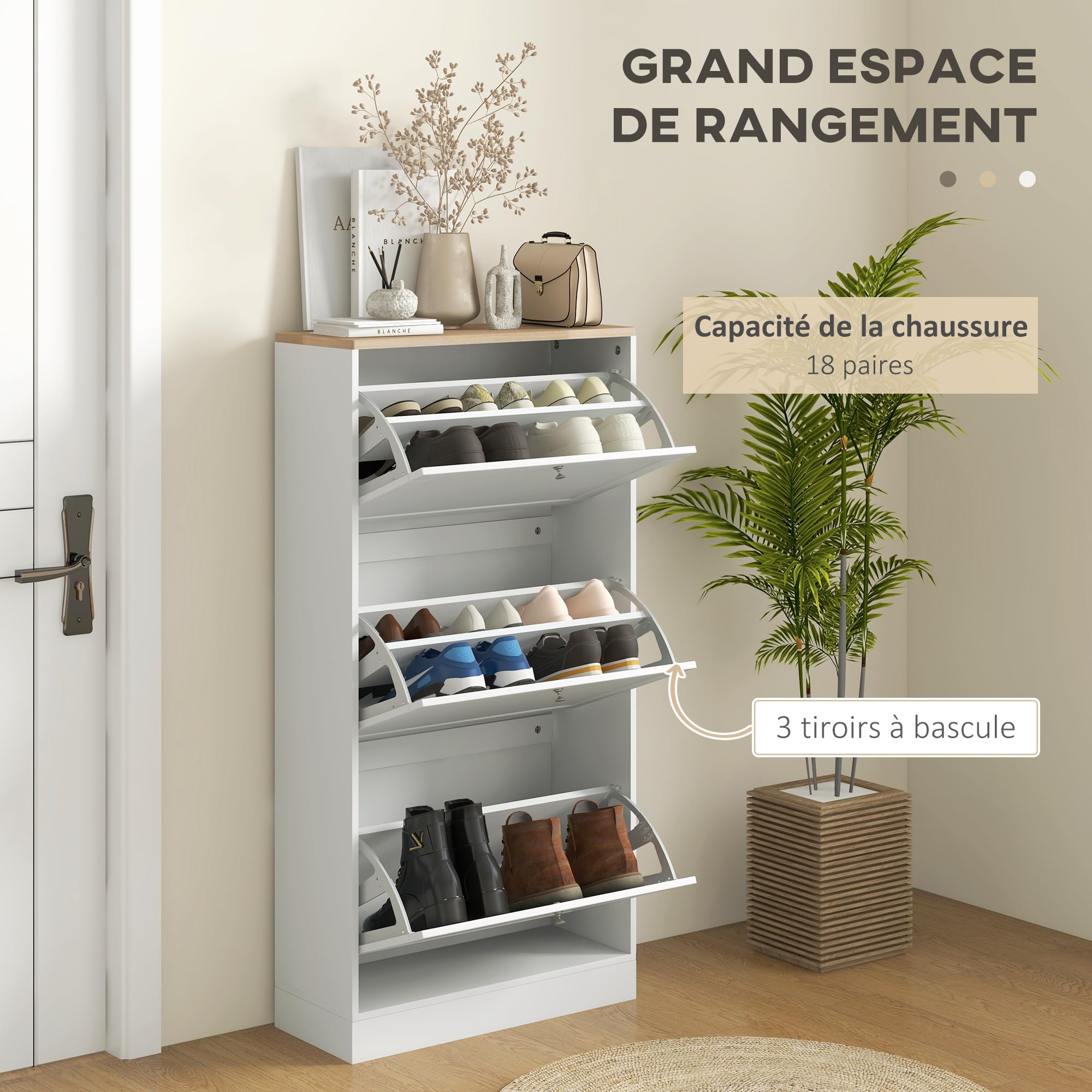 HOMCOM Meuble à Chaussures 3 Tiroirs 18 Paires 60 x 23,5 x 115 cm Blanc | Armoire à Chaussures Étroite, Moderne, Étagères Réglables, pour Couloir et Entrée