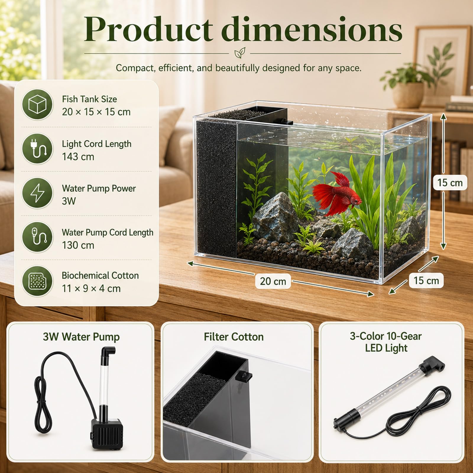 Petit aquarium Betta de 3,7 l en acrylique avec pompe silencieuse et filtre, éclairage LED avec 10 niveaux de luminosité et 3 modes de couleur, idéal pour poissons de combat, crevettes, petits