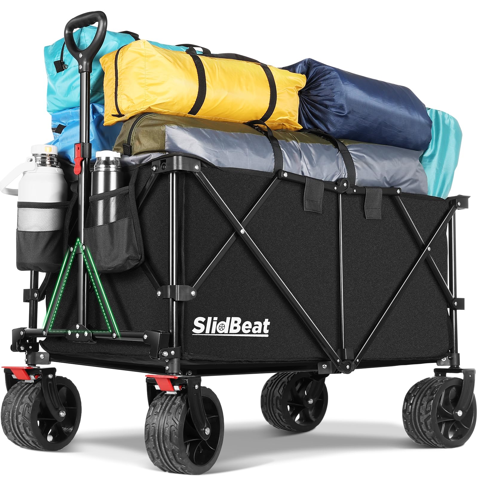 SLIDBEAT Carro de Transporte Plegable Todo Terreno – 226kg/300L, Estructura Triangular, Ruedas de 18cm con Frenos y Lona 600D Impermeable, Jardín, Playa, Camping, Compras y Vacacione