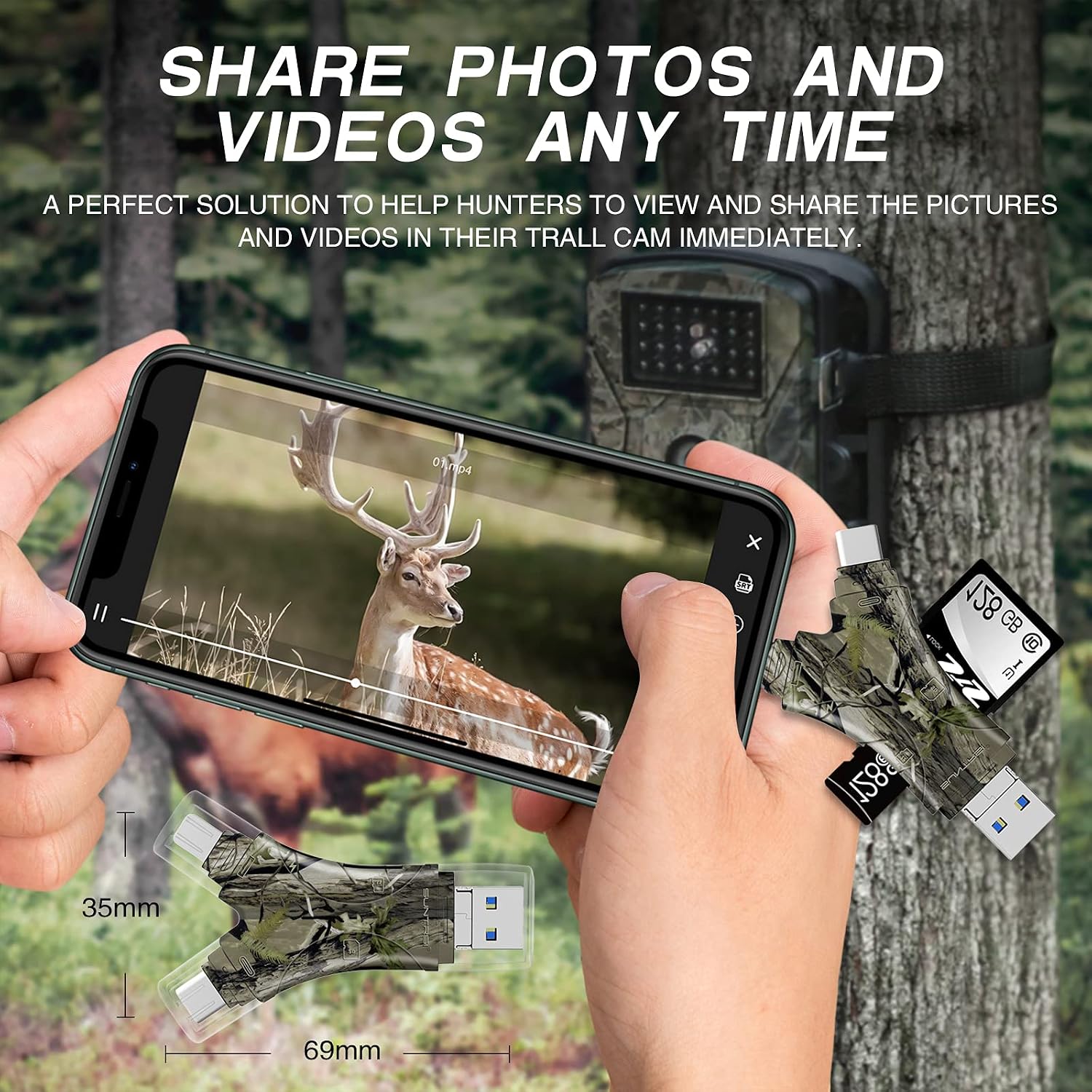 SUNTRSI Trail Camera Viewer SD Card Reader,4 in 1 SD and Micro SD Memory Card Reader Compatible for iPhone/ipad,Trail Camera SD Card Viewer to View Hunting Game Camera Photos or Videos on Smartphone