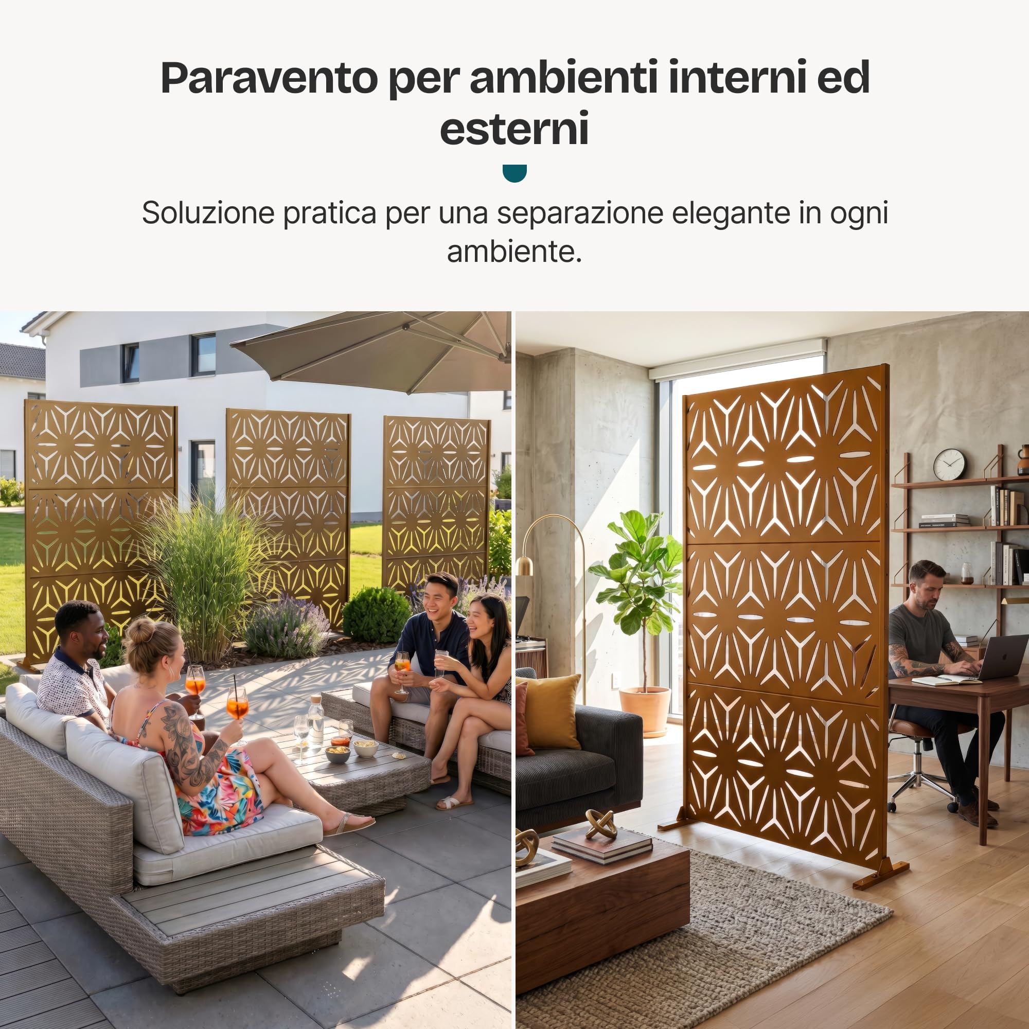 casa.pro Pannello Divisorio Decorativo in Acciaio Zincato 180x120 cm Frangivista a Motivo Raggi Floreale Separé Paravento per Giardino Balcone Soggiorno - Marrone