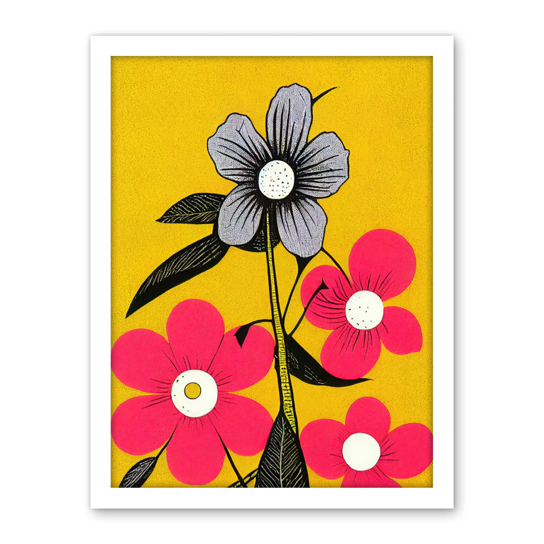 Wee Blue Coo Bold Flowers Linocut Pink and Mustard Yellow Print Artwork Framed Wall Art Print 18X24 Inch