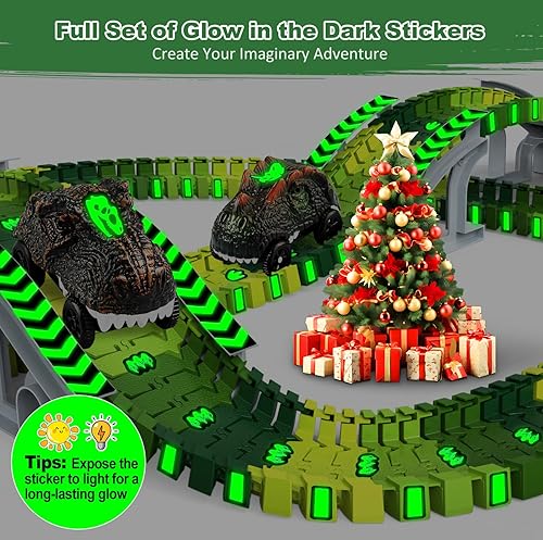 Miniatura 2 de Juguetes de dinosaurio para niños de 3 a 5 años, juego de pista de tren flexible que brilla en la oscuridad, 2 autos de dinosaurio para niños y