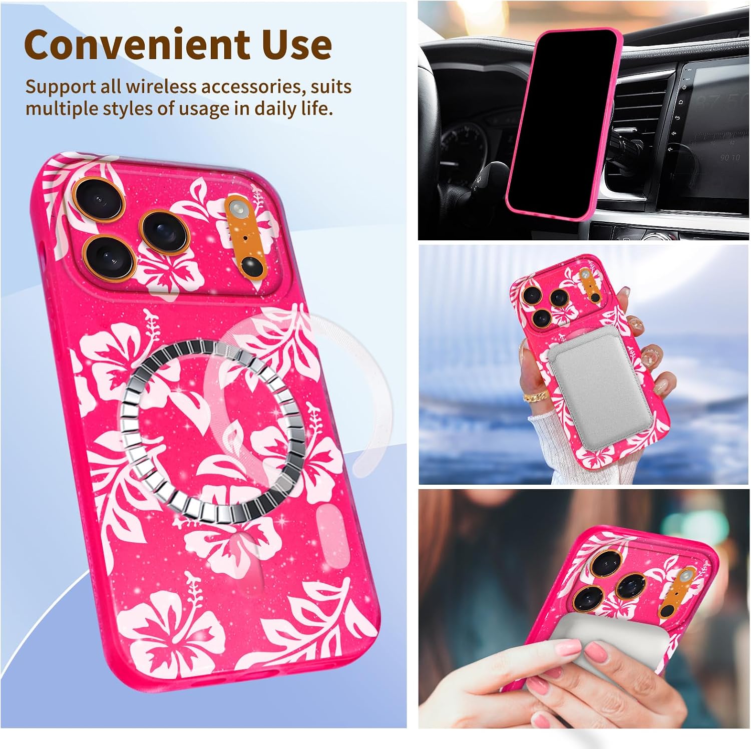 Compatible with iPhone 17 Pro Case Compatible with Magsafe, Glitter Pink Case with Cute Flower Floral for Girls Women Girly Bling Soft Magnetic Cover for 17 Pro, White Hibiscus image 4