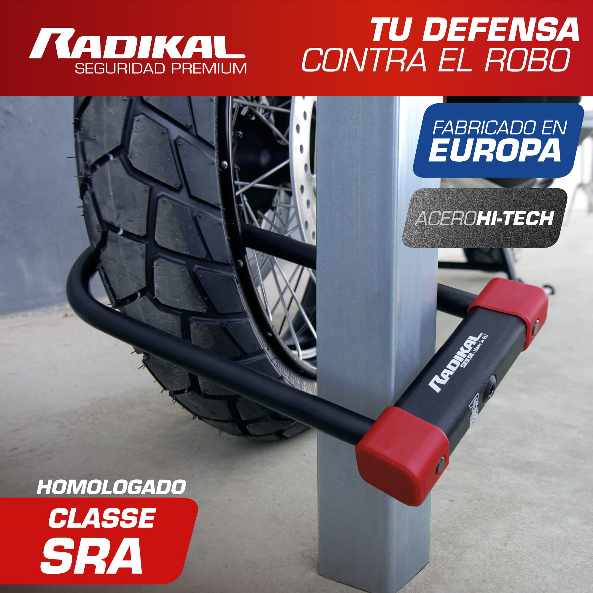 RADIKAL RK120310 Candado Moto U Premium Homologado SRA, 120x310mm Más Opciones Bloqueo, Arco ø18mm Acero Cementado Revestido de Doble Cierre, Cerradura Antirrobo U Lock Scooter, Bici Eléctrica