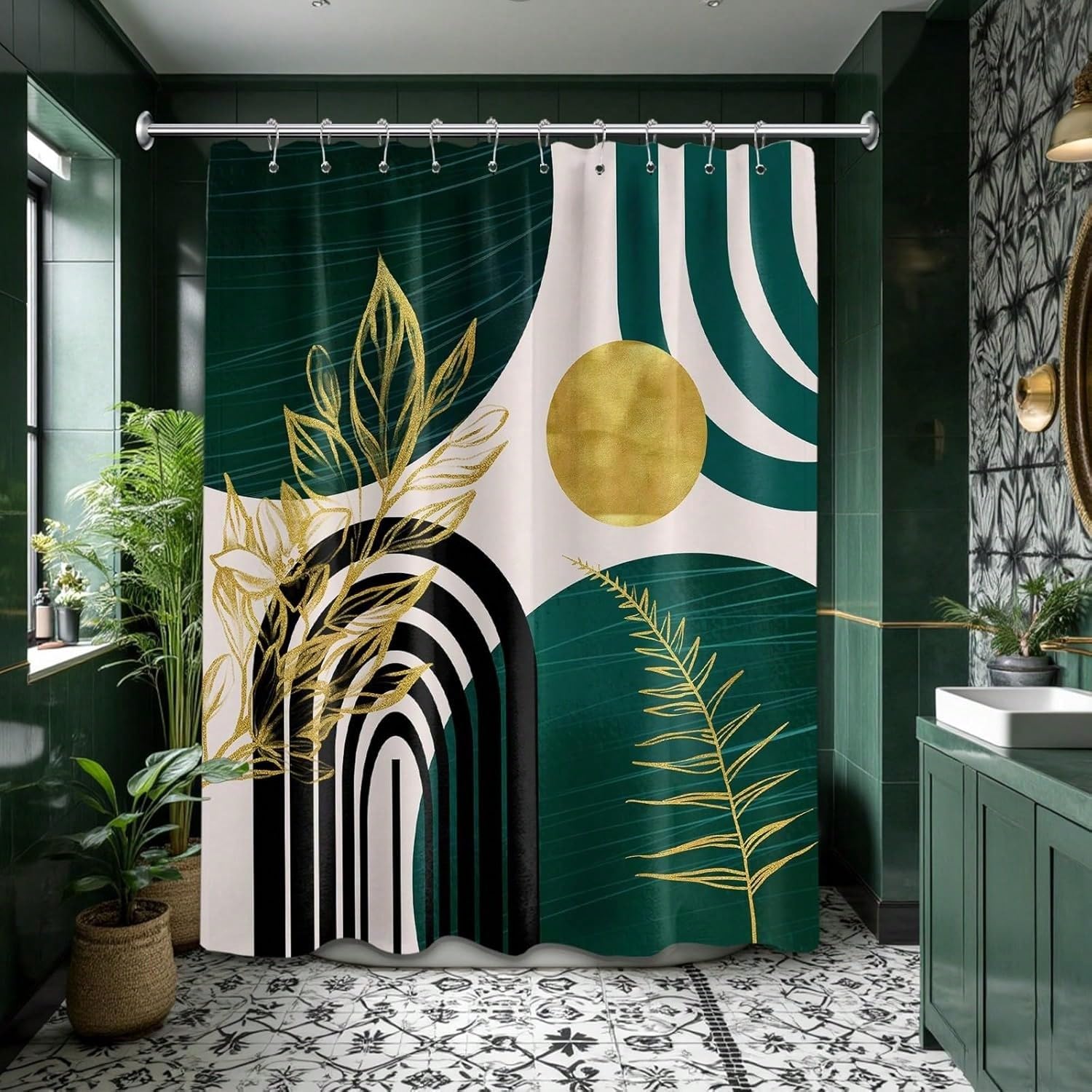 GLKSDLPO Black And Red Shower Curtain For Home. Boho Mid Century Burgundy Dark Red and Gold Shower Curtains For Bathroom(105x160cm/41x63in(WxH)