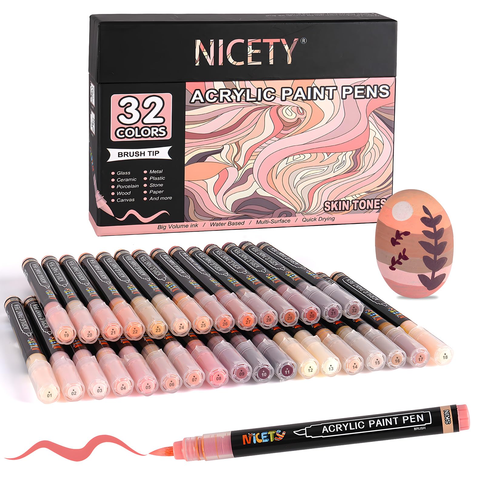 NICETY 32 Acrylstifte für Steine Wasserfest - Pinselspitze Acrylmarker für Holz, Stoff, Leinwand, Glas, 1-6mm Multimarker acrylic Marker pens Set (Haut)