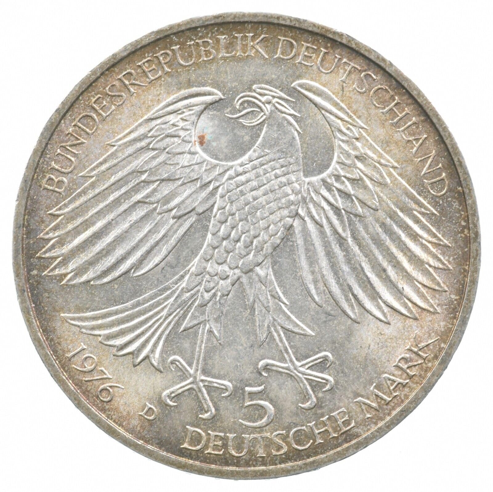 1976 D 5 Mark Silver Coin. Celebrating Hans Jakob Christoffel von