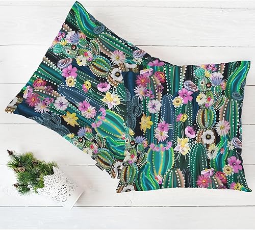 Miniatura 5 de Swono Juego de 2 fundas de cojín decorativas con diseño de cactus, diseño de cactus florecientes tropicales y flores, funda de almohada acogedora