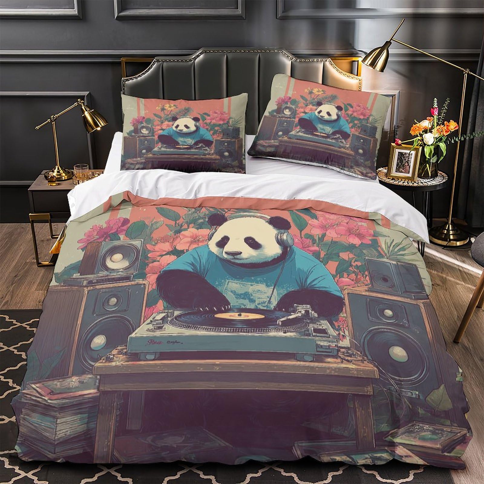 Parure de lit panda design rétro vintage avec housse 135x200cm douillette
