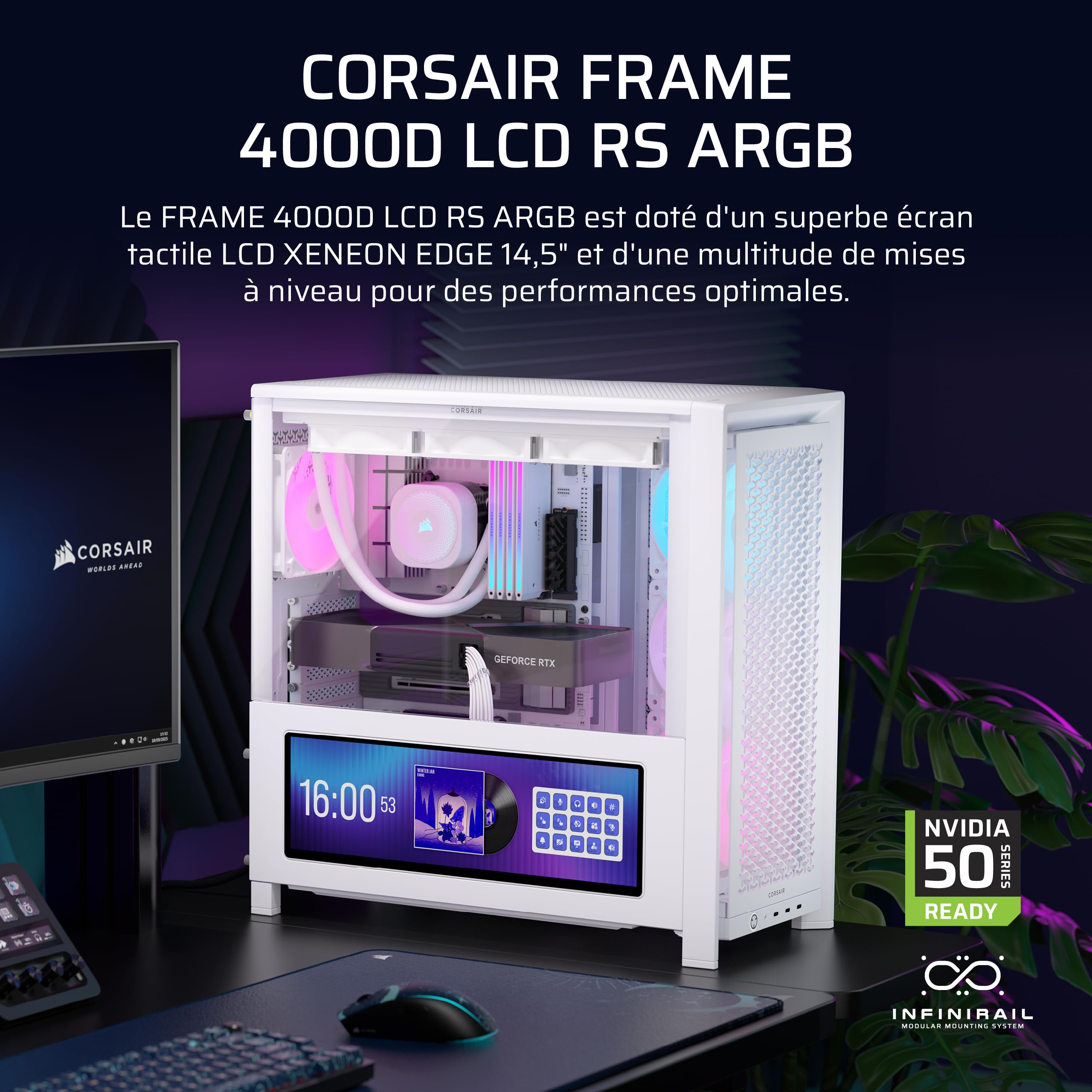CORSAIR Frame 4000D LCD RS ARGB Boîtier PC – Écran Tactile LCD XENEON Edge 14,5 Pouces, Système InfiniRail, 4 Ventilateurs RS120 ARGB – Prend en Charge Les Cartes Mères à Connecteur Inversé – Blanc
