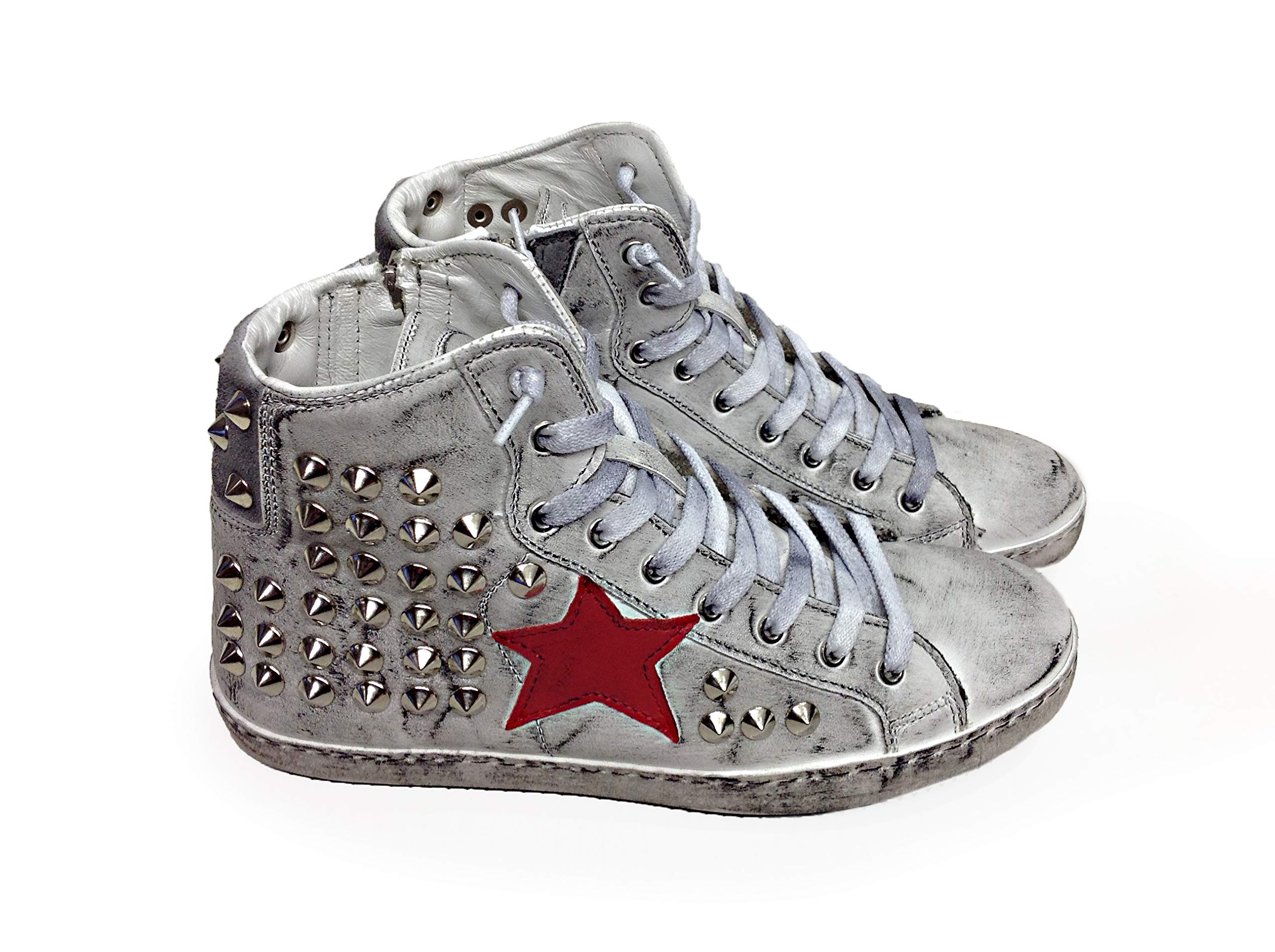 VIA CONDOTTI Sneakers Alte Unisex In Vera Pelle Sfumata, Stella Rossa E Borchie Cono Argentate, Made In Italy, Varie Misure