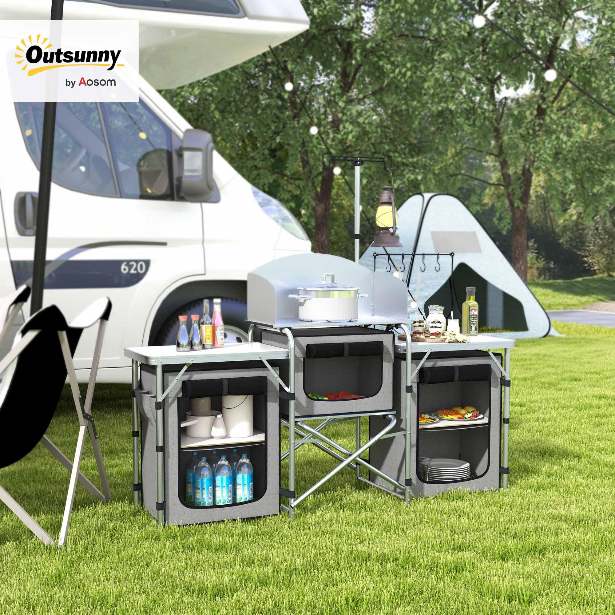 Outsunny Mueble Cocina Camping Armario Camping Plegable con Mesas Armarios Ganchos Estructura de Aluminio Poste de Luz Ajustable Paravientos y Bolsa de Transporte para Acampada 172x48x130 cm Gris