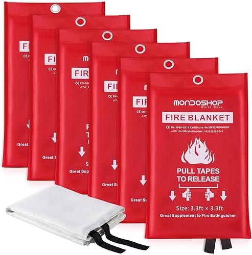 Mondoshop - Manta de fuego para el hogar, cocina, paquete de 6 unidades, manta resistente al fuego para campamento, parrilla, coche, oficina,