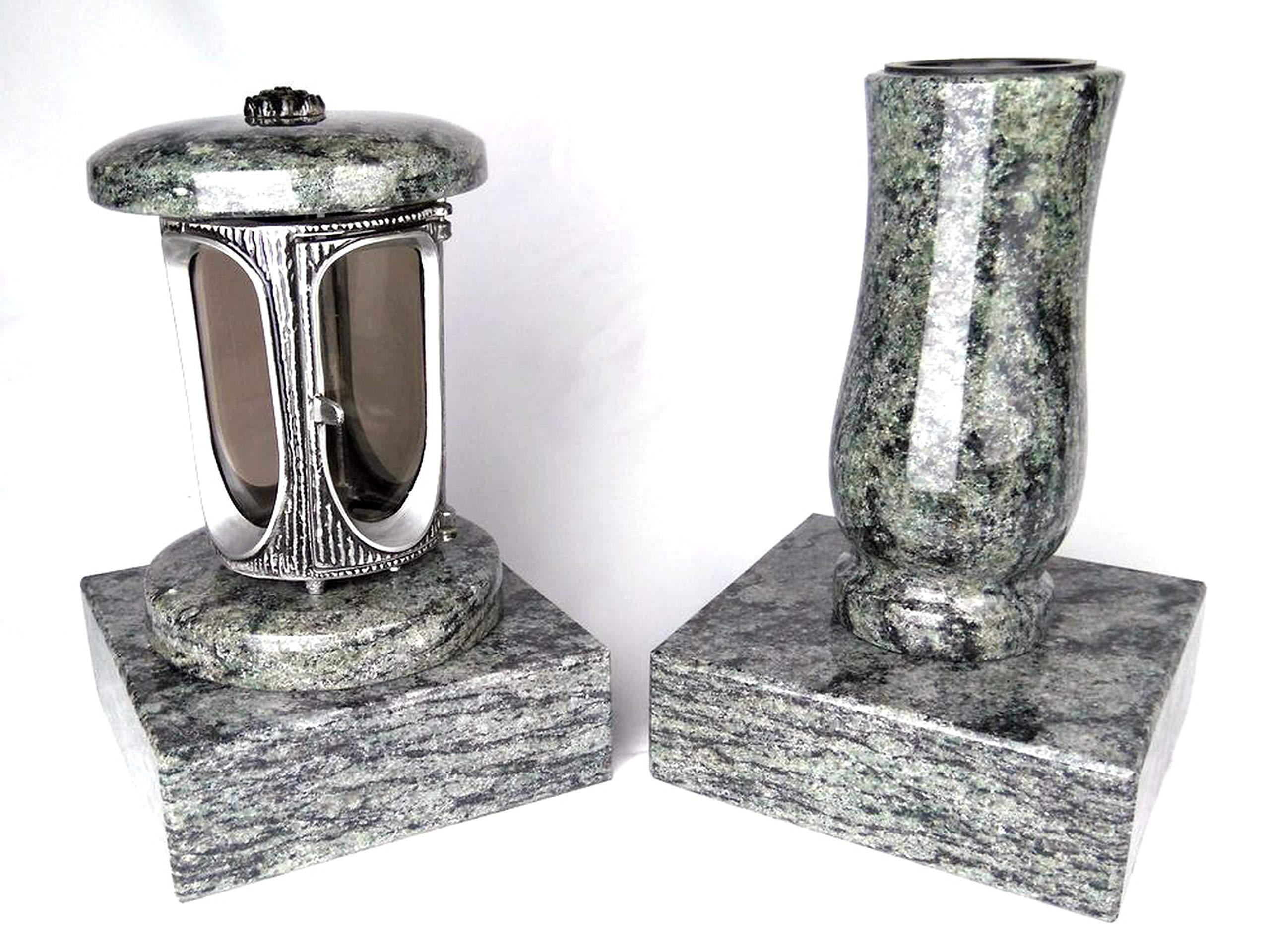designgrab Lampada tombale in alluminio effetto anticato e vaso per tomba, misura media e 2 pezzi, base rettangolare in granito, verde oliva