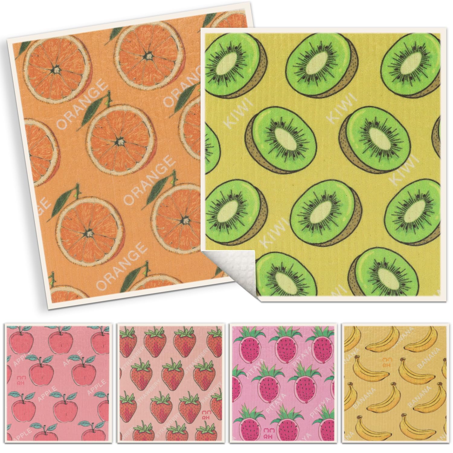 6 Pack Swedish Dishcloths for Kitchen |Watercolor Dish Towels | Reusable Paper Towels Washable | Non-Scratch Cellulose Sponge Cloths | No Odor, Biodegradable, Swedish Cloths, Fruits-2