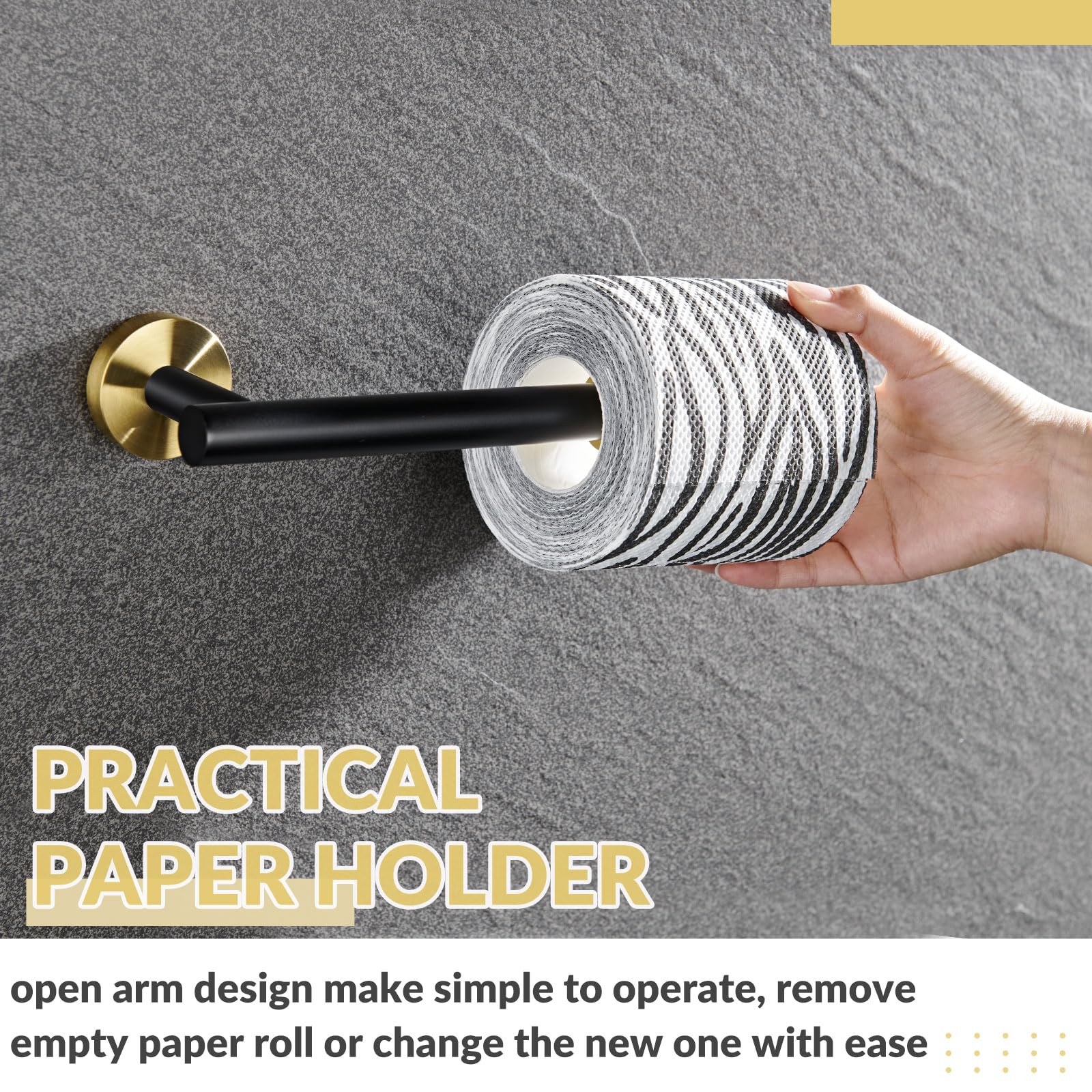 Soporte de papel higiénico redondo de acero inoxidable medio abierto, para almacenamiento de pared de baño y cocina (negro y dorado) 4