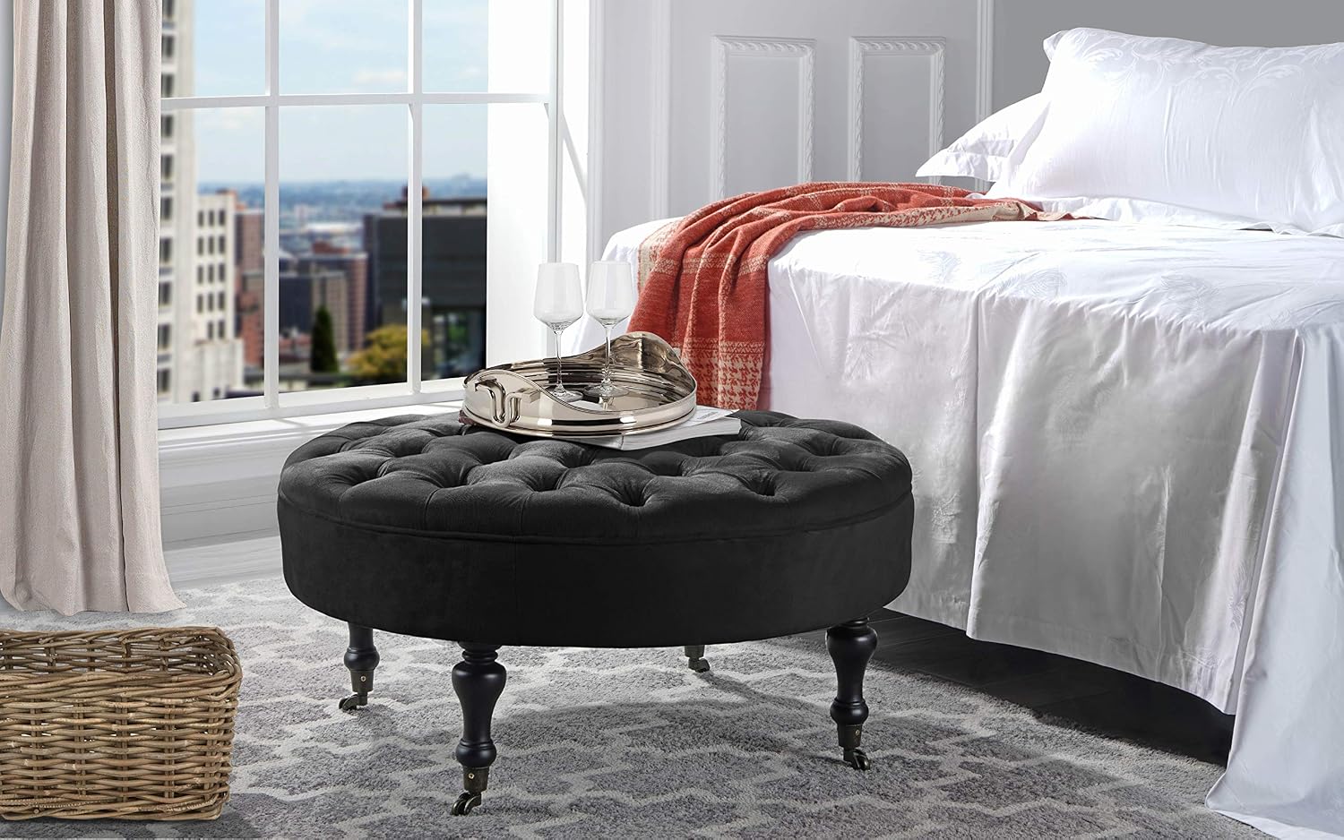 Divano Roma Furniture - Round Tufted Microfiber Coffee Table with Casters, Ottoman with Wheels (Black)