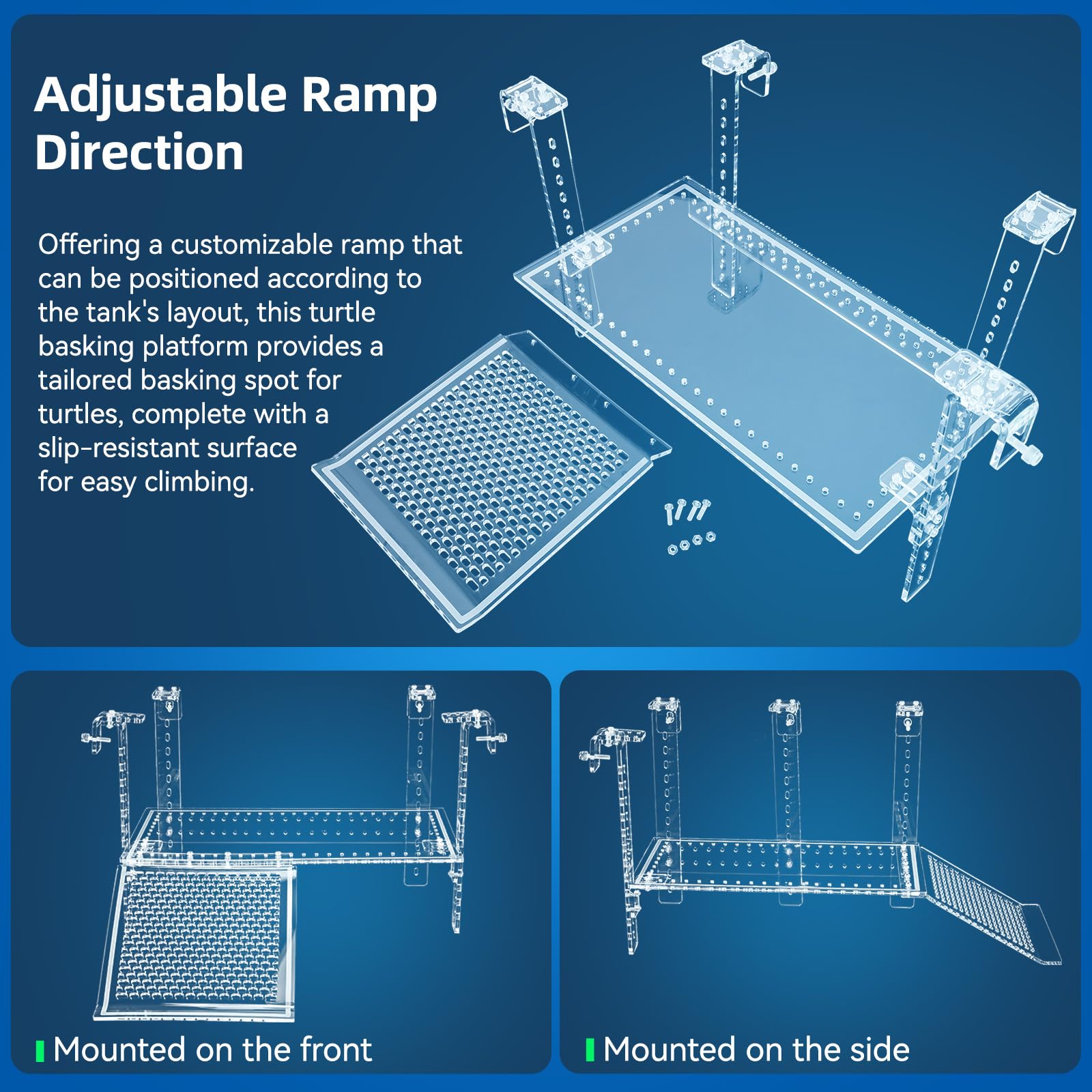 Turtle Docks - Grande piattaforma regolabile per tartarughe acquatiche, design per serbatoi da 0,8 a 5,1 cm di spessore, costruzione stabile, rampa antiscivolo, direzione rampa regolabile (38 x 20 cm)