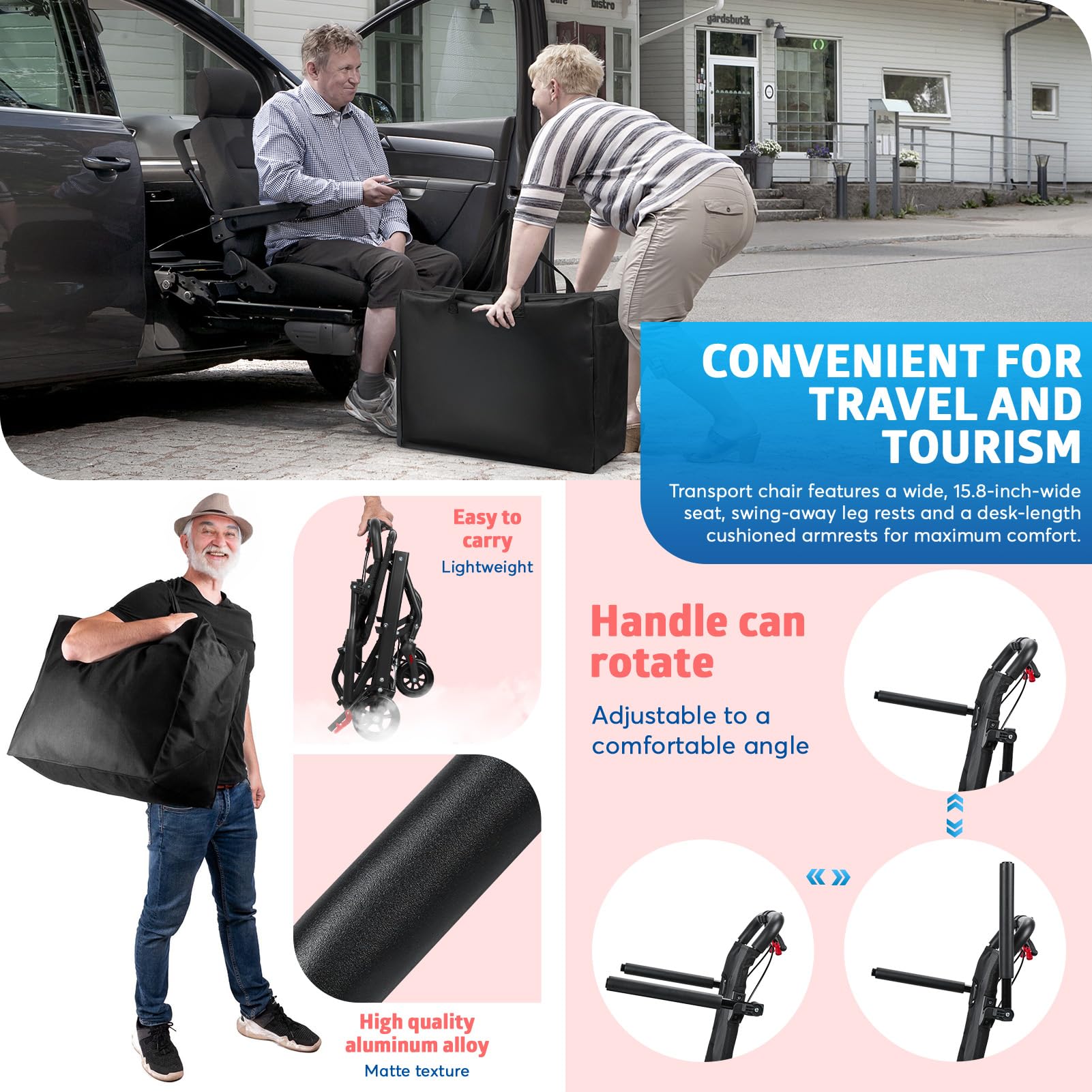 Sillas de ruedas de transporte ligeras y plegables para adultos de solo 15 libras con asa telescópica, cinturón de seguridad, sillas de ruedas portátiles de viaje para personas mayores