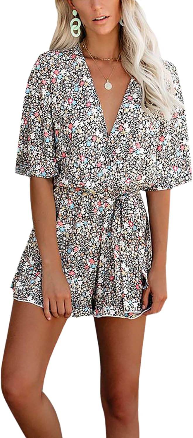 AIMCOO Women's Summer Deep V-Neck Floral Print Romper Ruffle Hem Half Flared Sleeve Jumpsuits Waist Tie Casual Short Rompers - Image 6