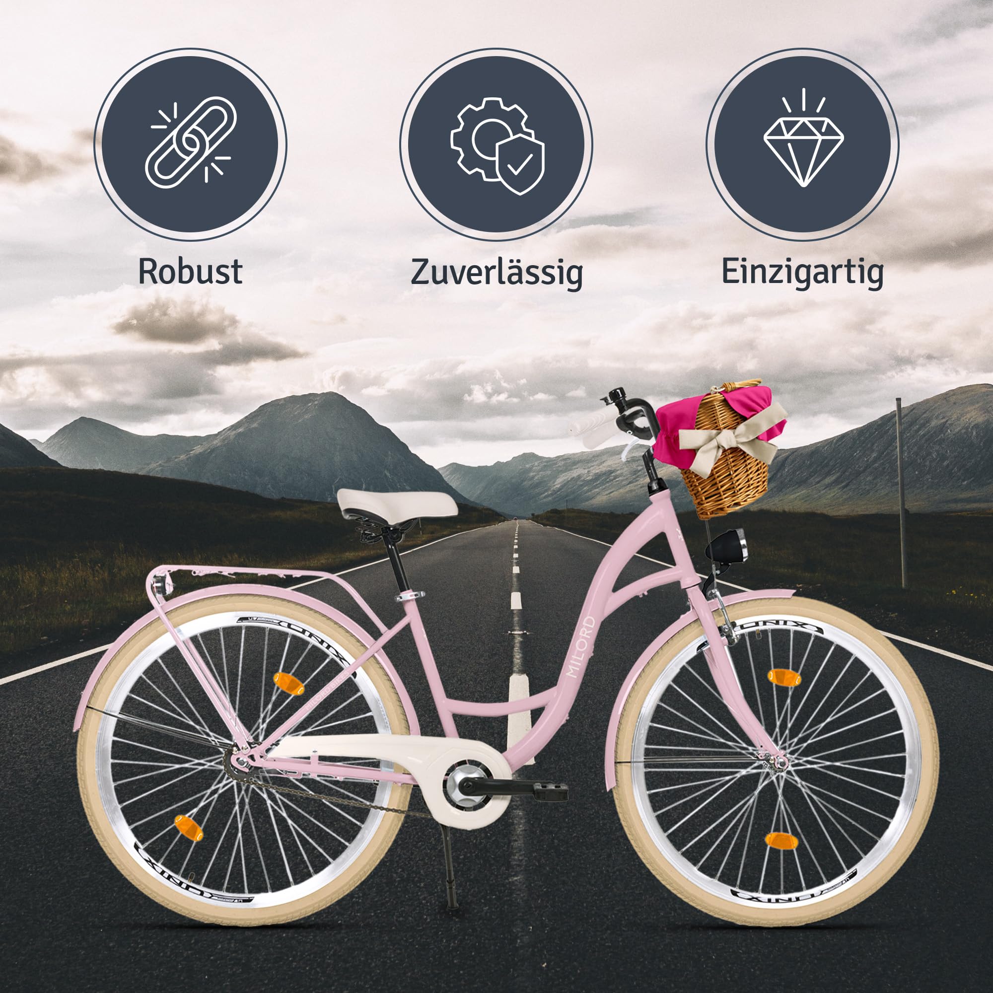Bicicletta Comfort Milano Rosa 28 Pollici 7 Velocità - City Bike Olandese Con Cestello