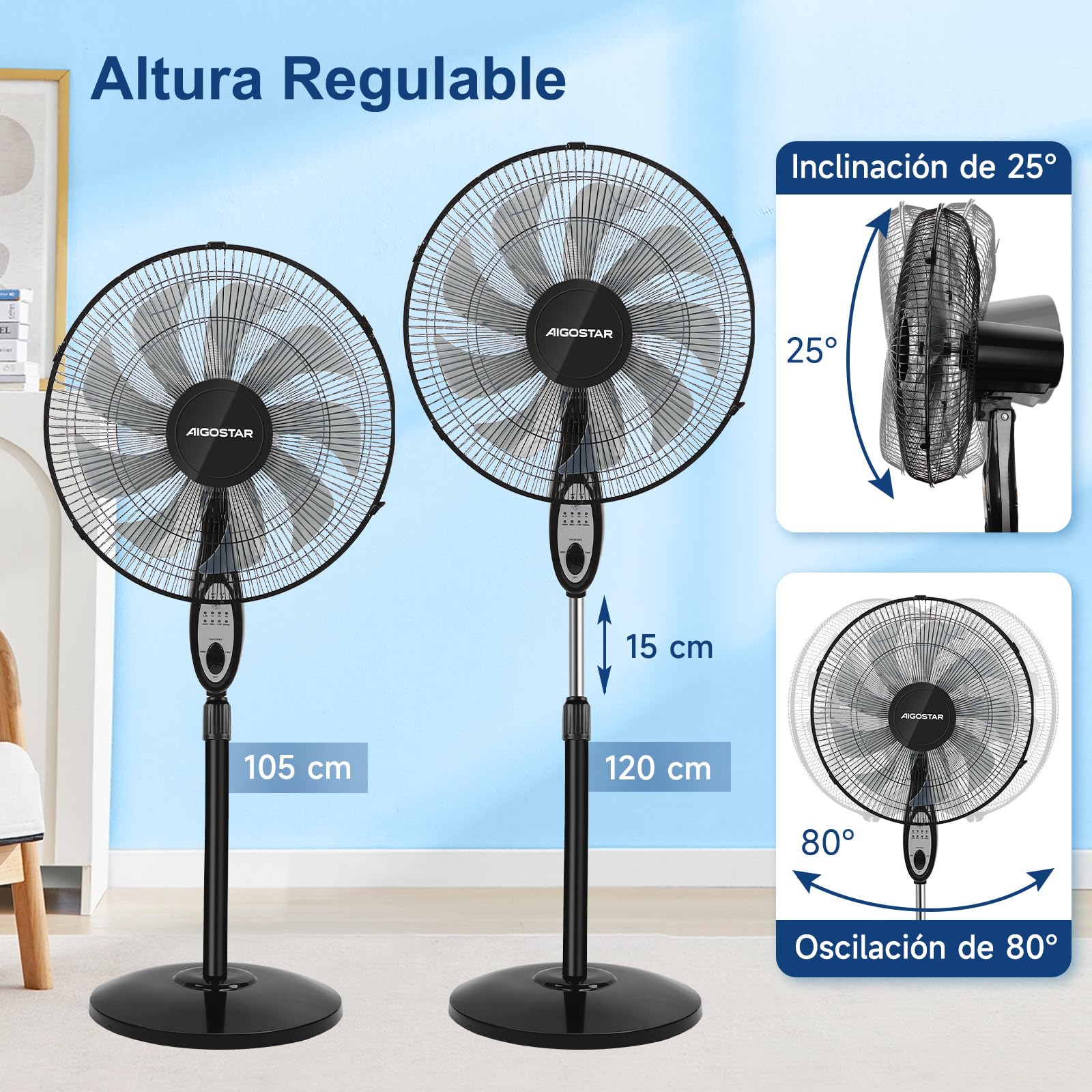Aigostar Ventilador de Pie Silencioso, 9 Aspas, Mando a Distancia, 3 Velocidades, 3 Modos, Temporizador 7,5 Horas, Oscilante 80º, Ventilador de Altura Ajustable, Base Antideslizante, 35 m2, 55 W, Carr