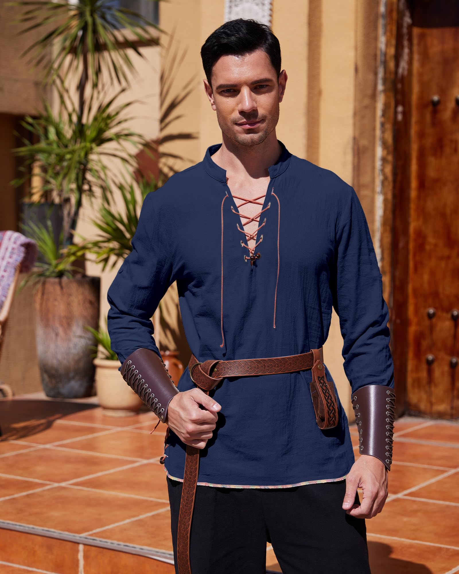 YAOHUOLE Men's Pirate Shirt Viking Steampunk Retro Linen Shirts for Men Medieval Gothic Victorian Classic Halloween Coseplay Costume Navy Blue 3XL - Image 3