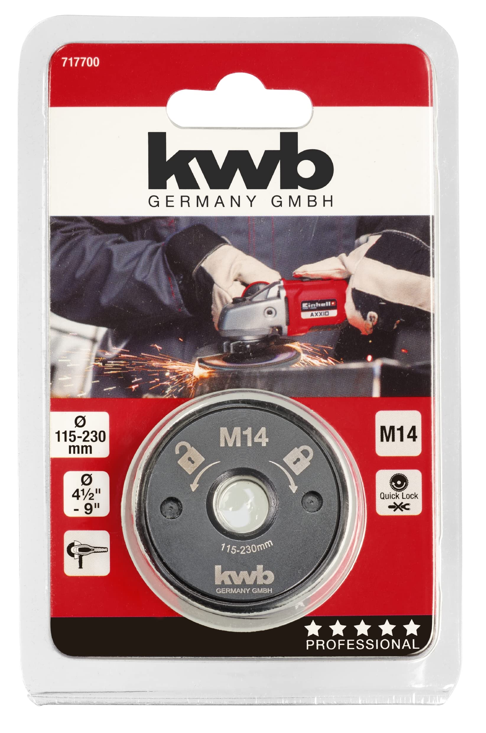 kwb Tuerca de liberación rápida para amoladora angular M14, liberación rápida para discos de corte de 115-230 mm, cambio sin herramientas sin llave