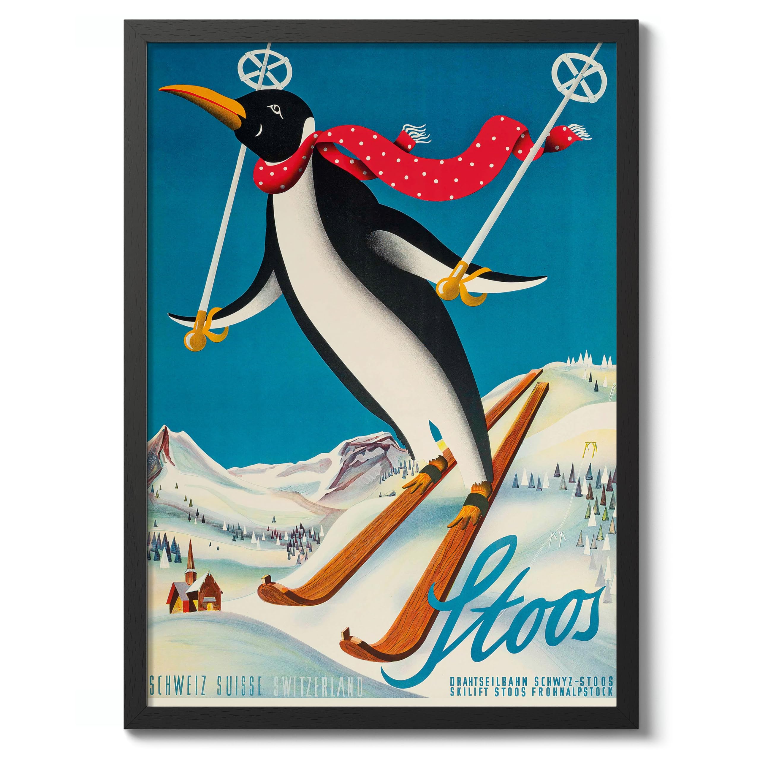 Stoos, Switzerland - Skiing Vintage Skiing Poster, Minimalist Wall Art, Mountain Travel Prints, Snow, Ski Trip Home Decor, A4 (Black Frame) - 32.7x24.1cm