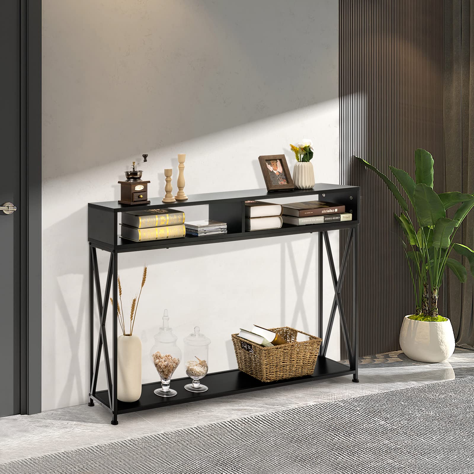 COSTWAY Consolle Ingresso a 2 Livelli, Tavolo Consolle in Legno e Metallo con Ripiani e Piedini Regolabili, Tavolo d’Ingresso Stretto Moderno per Salotto e Corridoio, 120 x 23 x 79 cm (Nero)