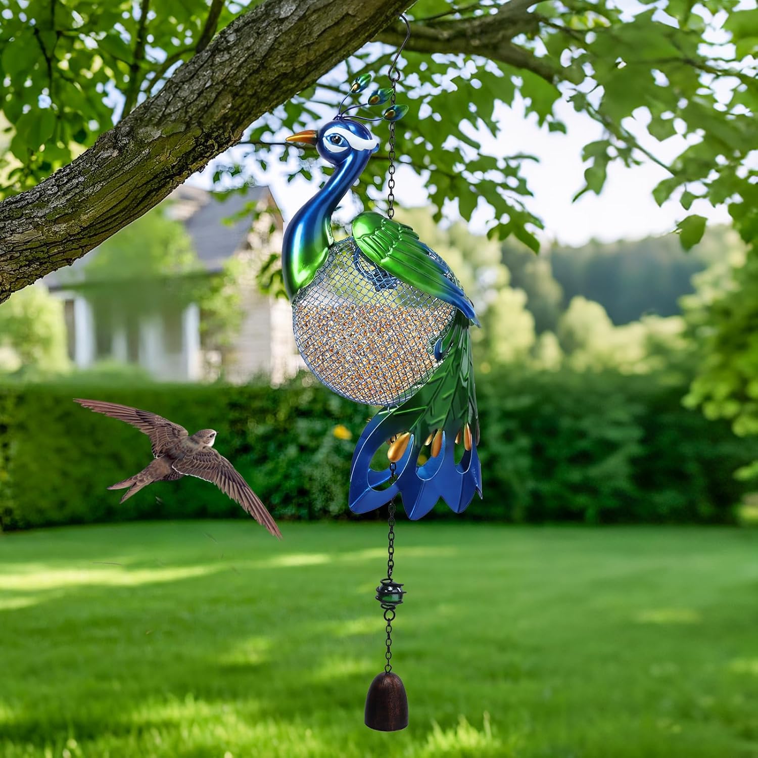 Yinns Bird Feeders - Squirrel Proof Wild Bird Feeder for Outside, Peacock Shaped Birdfeeders, Metal Hanging Bird Feeder for Garden Patio Yard Decor