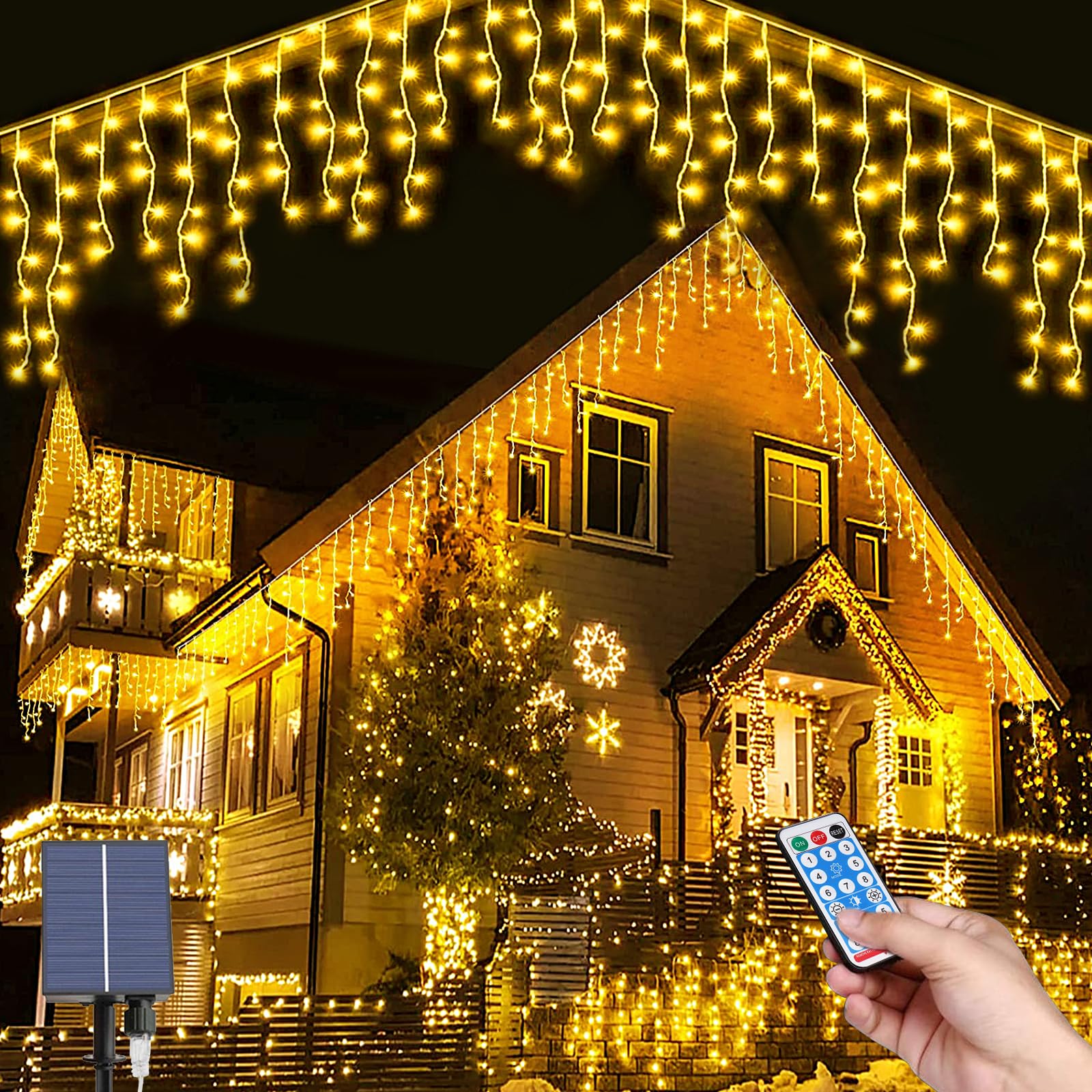 Hulaiyaa Luces Solares de Carámbano, 8M Guirnalda Luces de Cascada con Control Remoto, 264LEDS Cortina Luces Navidad Derotación Impermeable para Courtyard Garden Street Park