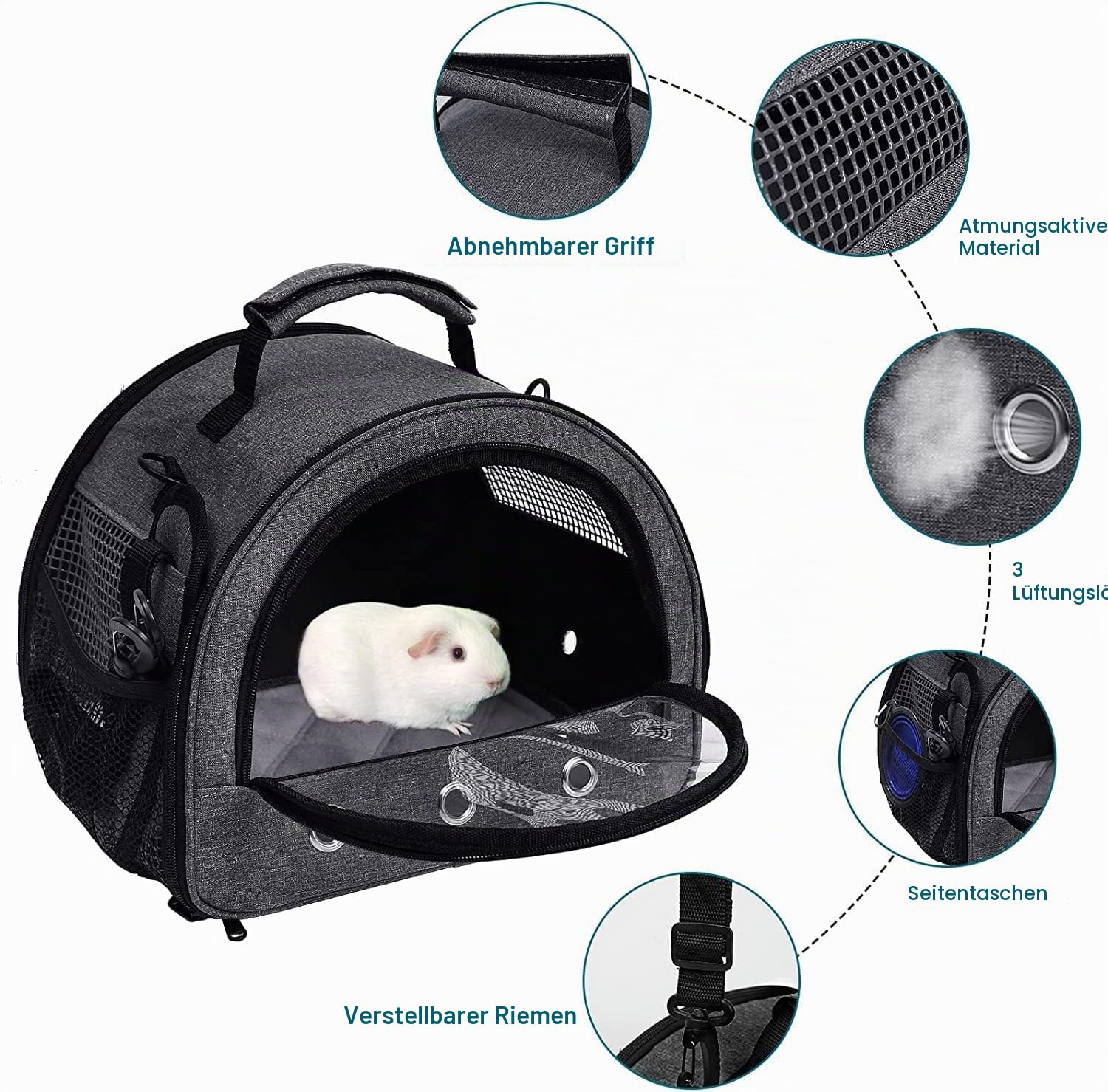Faltbare Kleintier-Tragetasche mit Wasserflaschenhalter, Doppeltüren Design, Atmungsaktiv & Ausbruchsicher, Transporttasche für Meerschweinchen, Kaninchen, Hamster, Grau