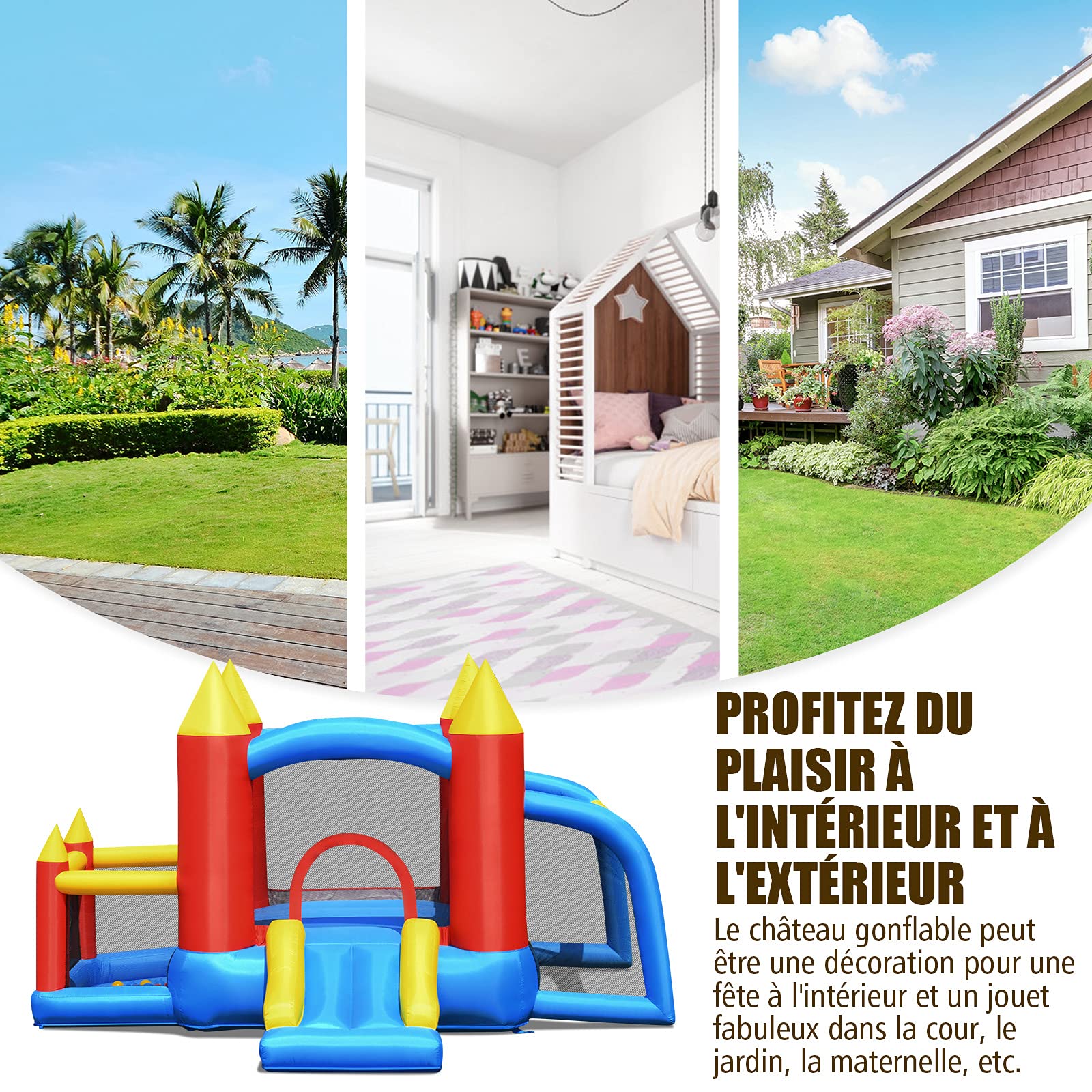 COSTWAY Château Gonflable avec Toboggan et Souffleur, Aire de Jeux Gonflable avec Maison de Saut et Piscine, But de Football, 60 Boules, Intérieur Extérieur, Charge 90kg pour 3-10 Ans