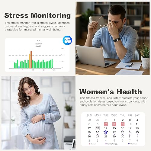 Miniatura 5 de Pulsera de seguimiento de sueño y fitness para mujeres y hombres, frecuencia cardíaca 247, oxígeno en sangre y monitor de estrés (rosa)