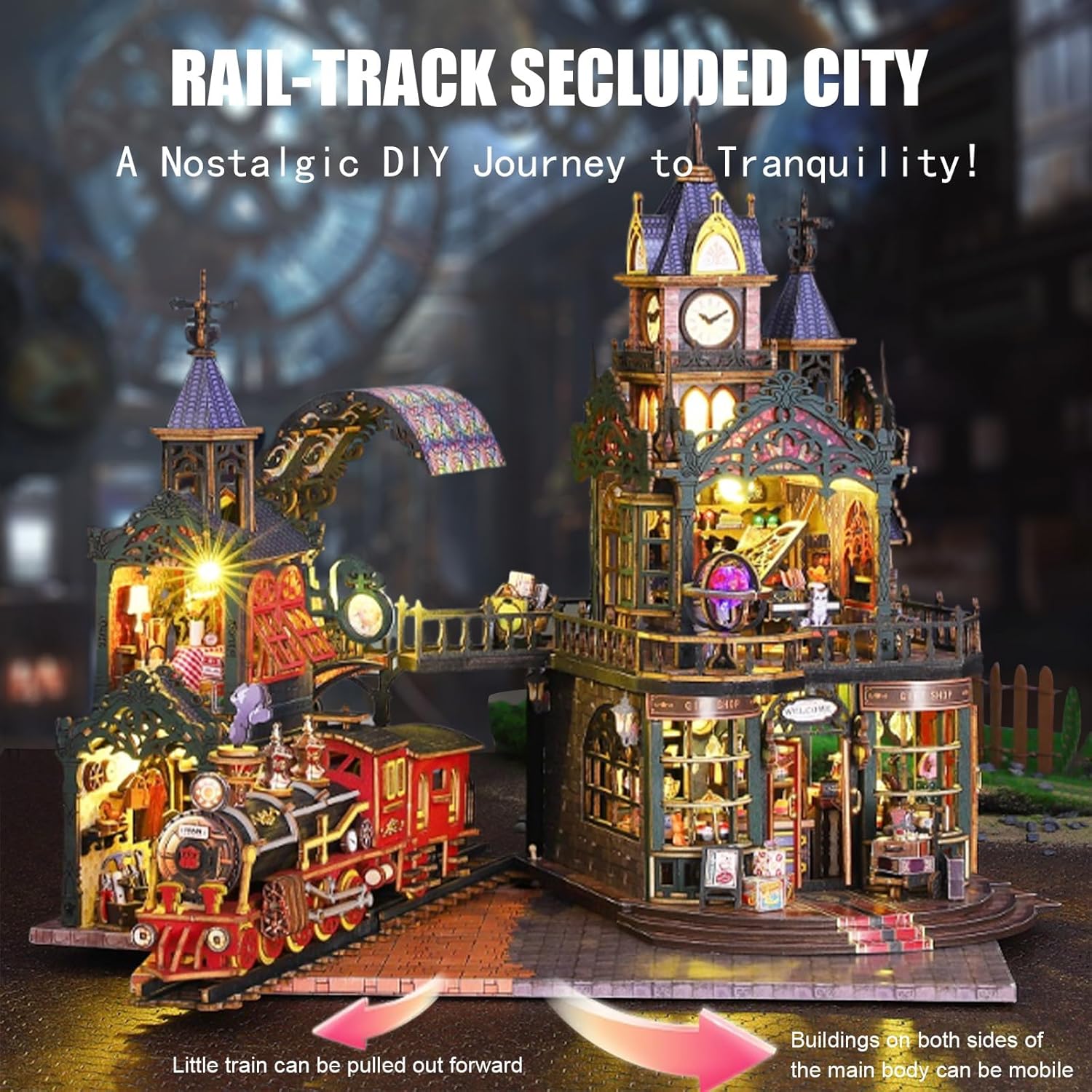 YSWOOD WORLD Miniature House Kit, Miniature Kit with Steam Train, Dollhouse Kit for Adults Teen, Mini House Building Kit for Birthday, Rail-Track Secluded City