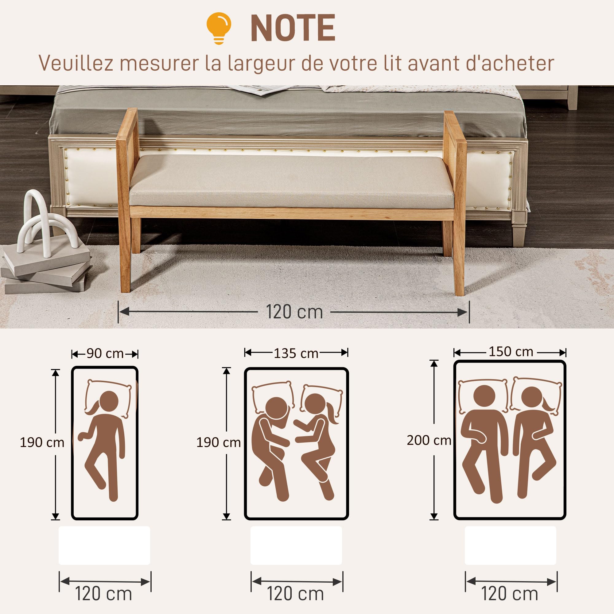 HOMCOM Banc Bout de lit, Banc d'entrée, accoudoirs en rotin et Cadre en Bois Massif, Assise rembourrée en Tissu Aspect Lin, Bout de lit pour Chambre, Salon, Design Moderne, crème