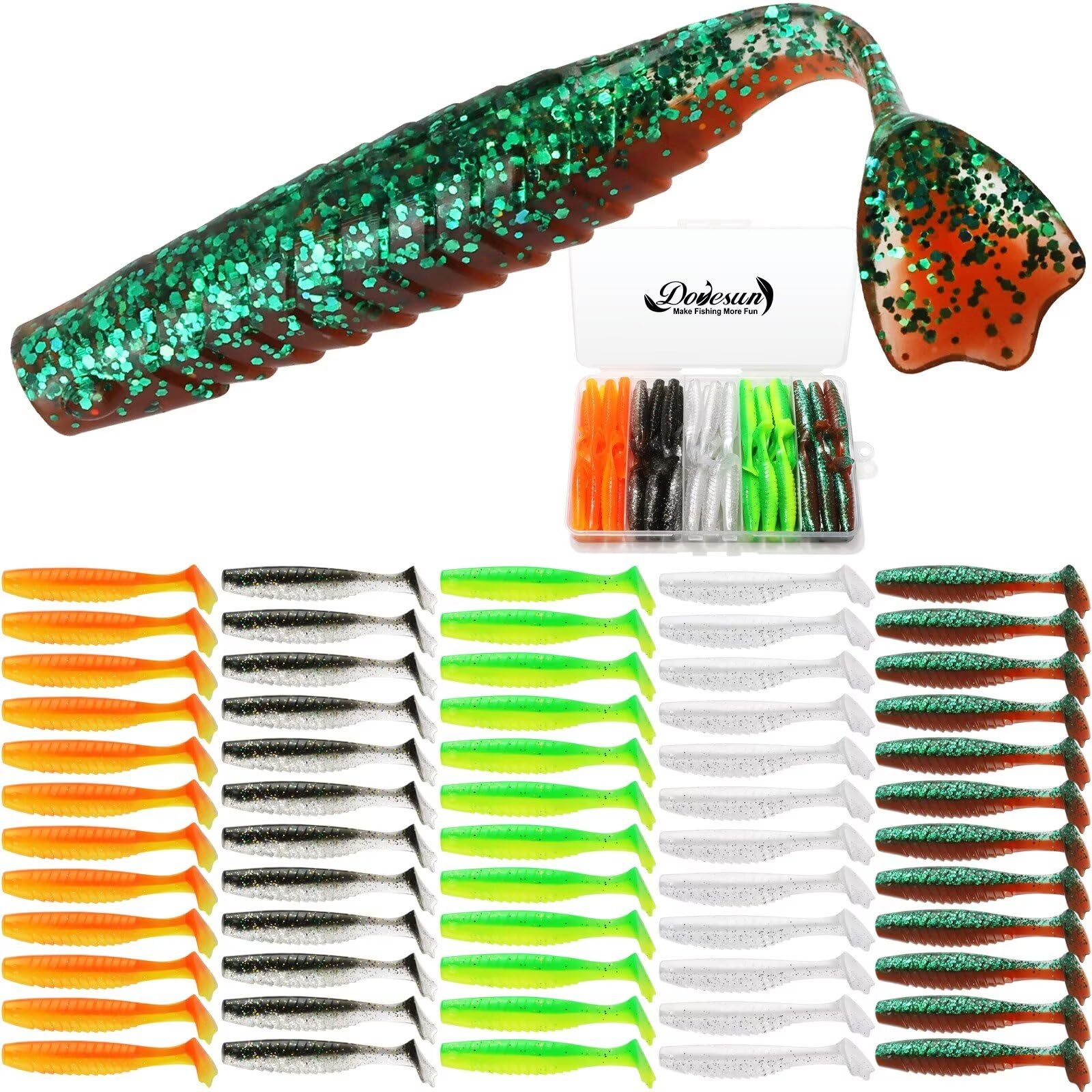 Dovesun Crappie Köder-Set, weiche Kunststoffköder, Paddelschwanz, Schwimmköder, Angeln, weiche Kunststoffköder, Crappie, Zander, Forelle, Barsch, 60 Stück/75 Stück