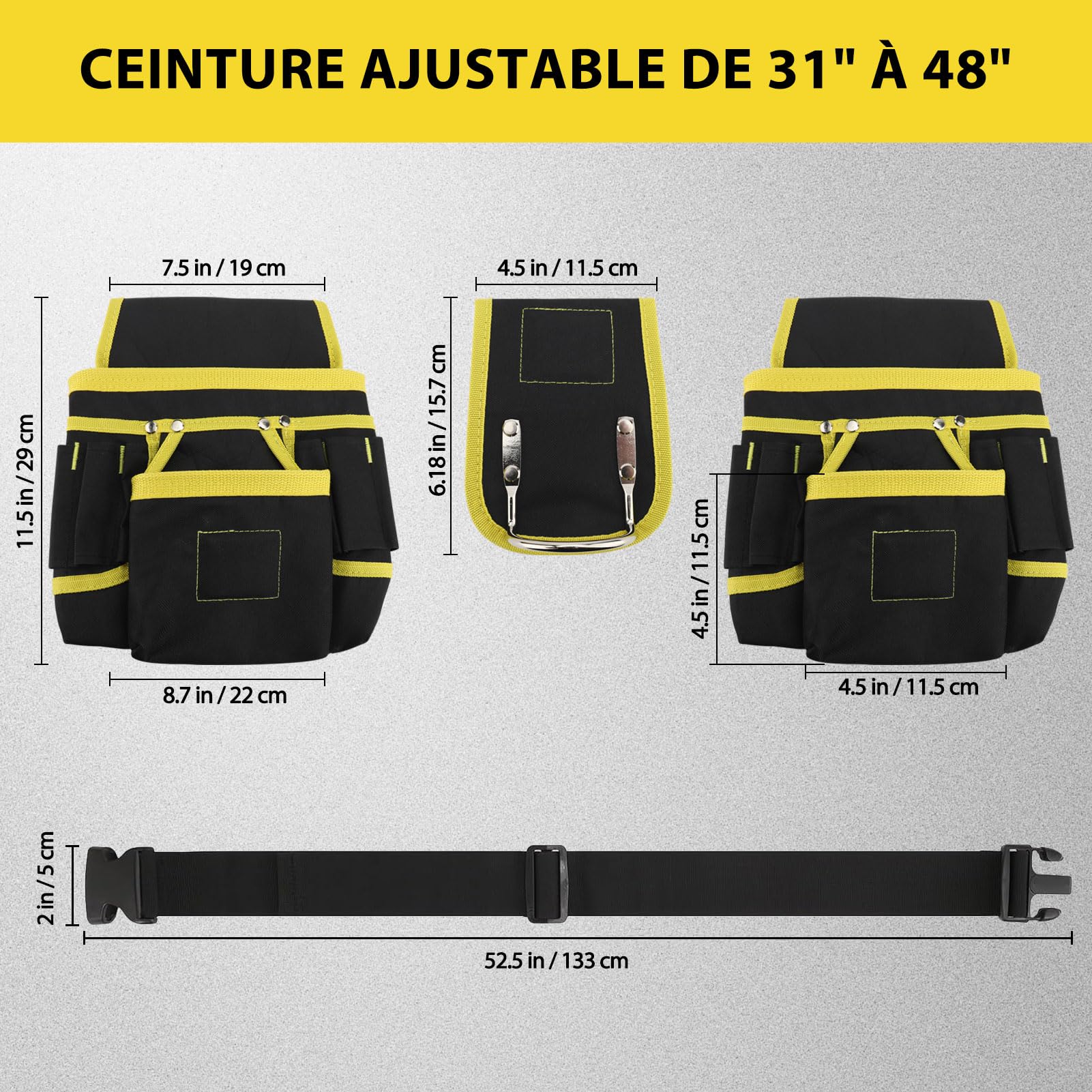 Ceinture Homme Porte Outil, Ceinture à Outils avec 26 Poches, Ceinture de Travail, Sac à Outils en Oxford avec Organisation des Outils Matériels pour Électricien, Charpentier, Construction