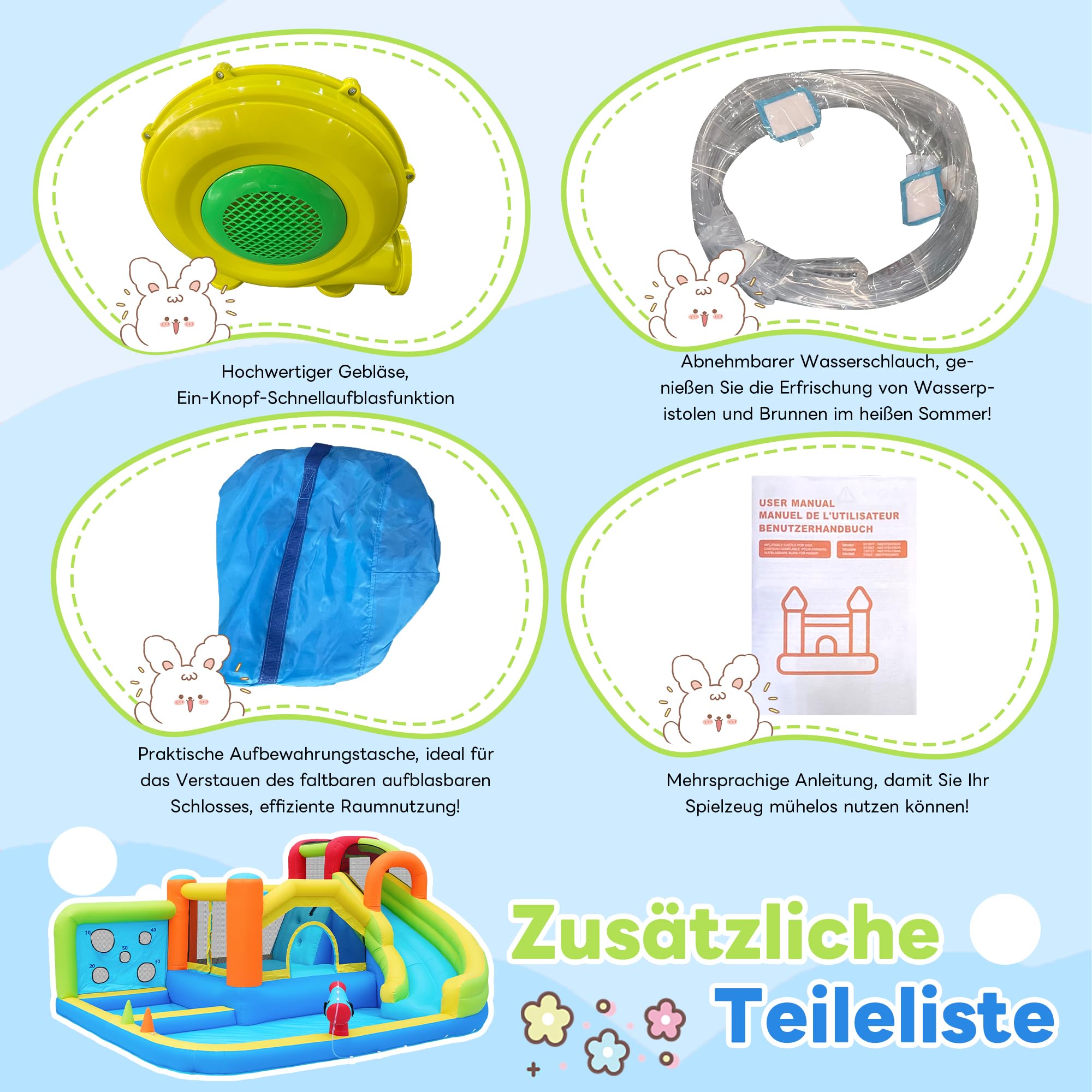 Castillo hinchable XXL con tobogán acuático y trampolín, parque acuático para niños con piscina infantil, pared de escalada, pistolas de agua, soplador de 450 W, 410 x 315 x 203 cm, jardín/interior, a