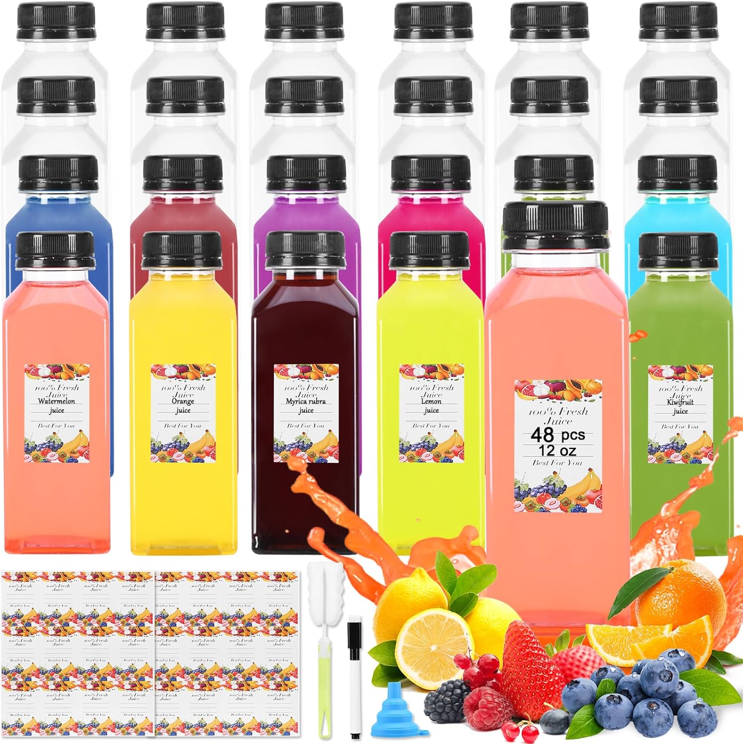 48pcs 12oz Empty Plastic Juice Bottles- Clear Homemade Juicing Drinks Containers with Black Tamper Proof Lids for Juicing, Smoothie,Drinking,Reusable Beverages Bottles