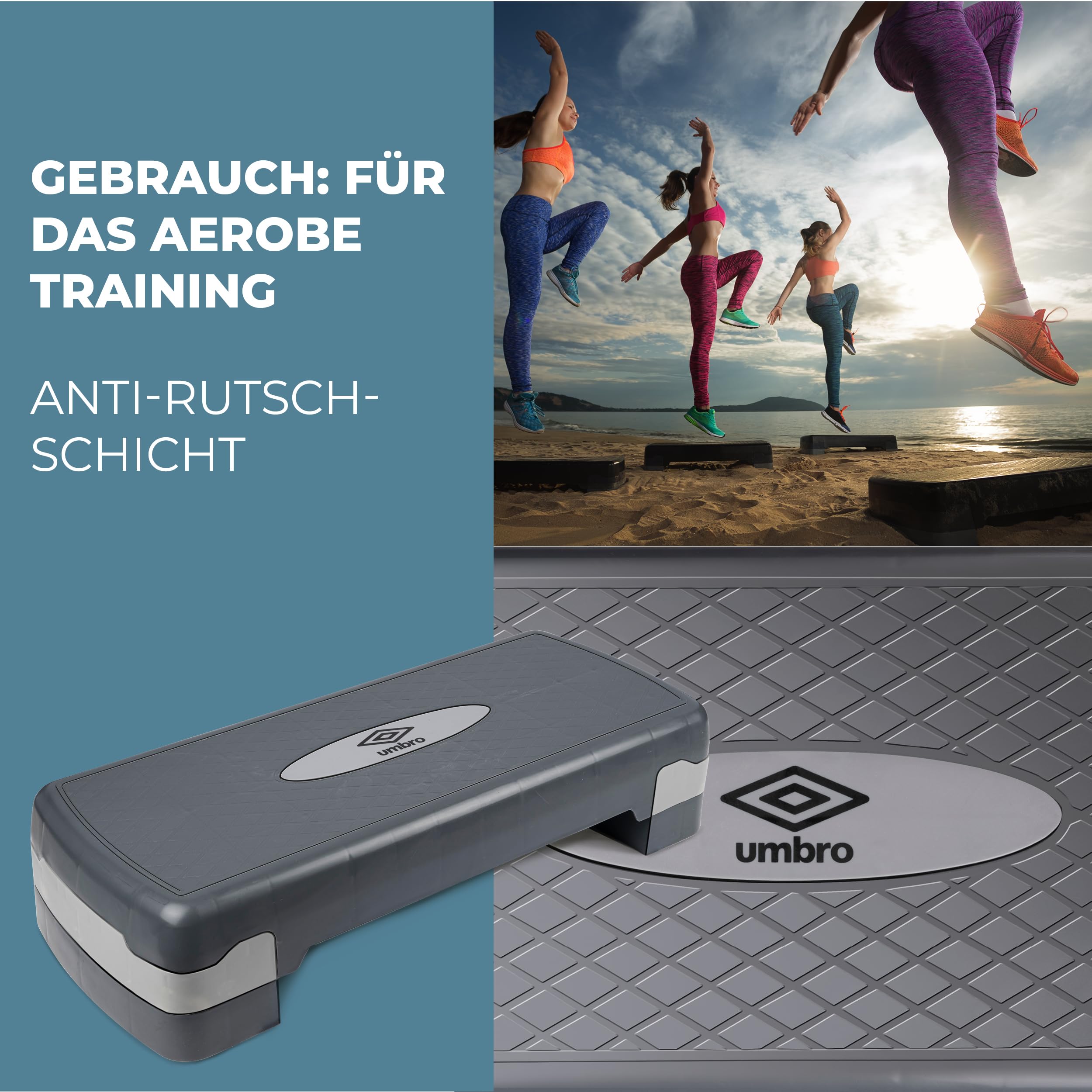 Umbro Stepper für Zuhause Höhenverstellbar 10-15 cm – Fitness Stepper mit Rutschfester Oberfläche für Reha und Training – Kompakt und Stabil – Grau/Schwarz – 68,3 x 29 x 10,4 cm