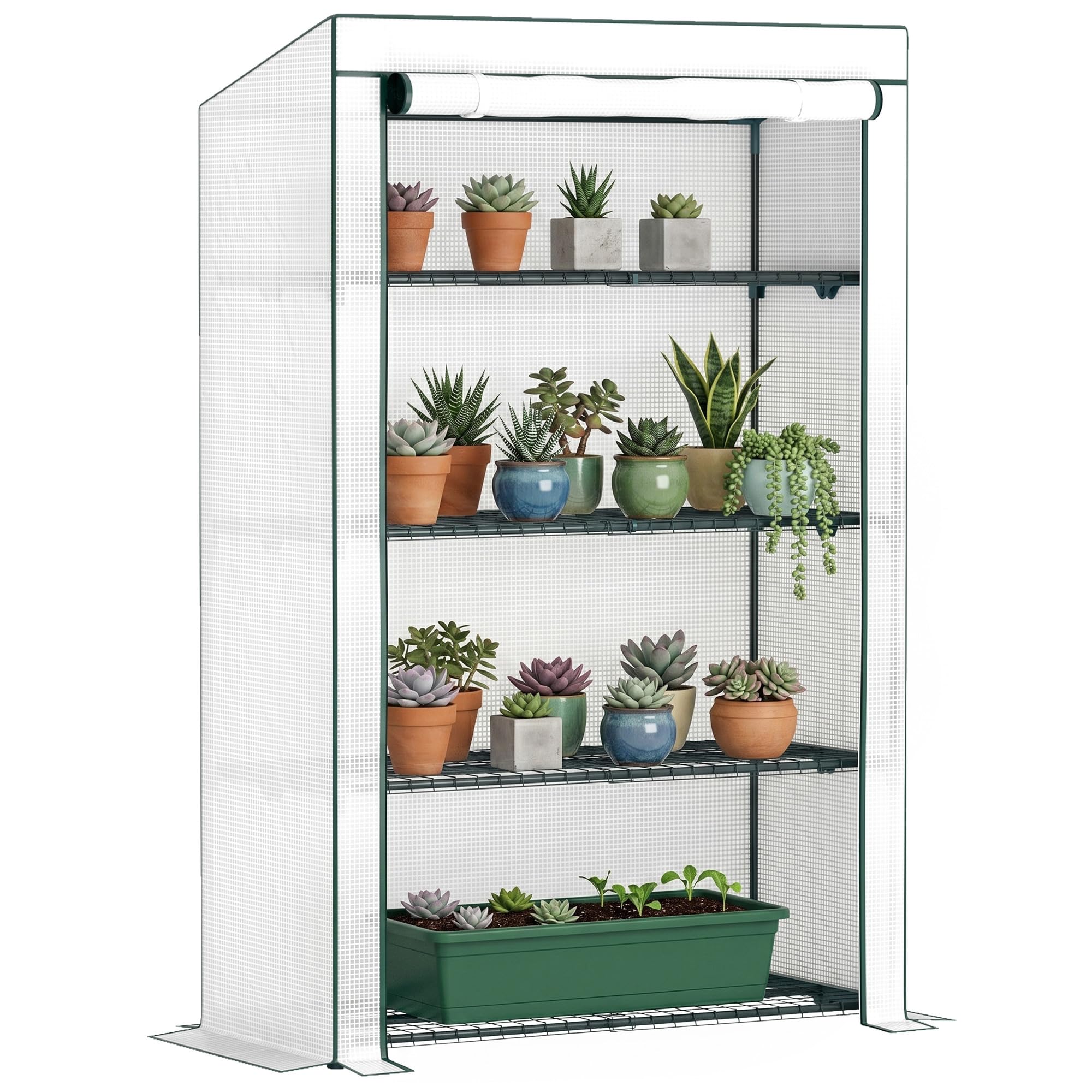 Outsunny 4 Tier Lean-to Mini Greenhouse with Reinforced PE Cover, Portable Small Greenhouse with Roll-Up Door, Green Hemmed Edging, 110 x 50 x 171cm, Green