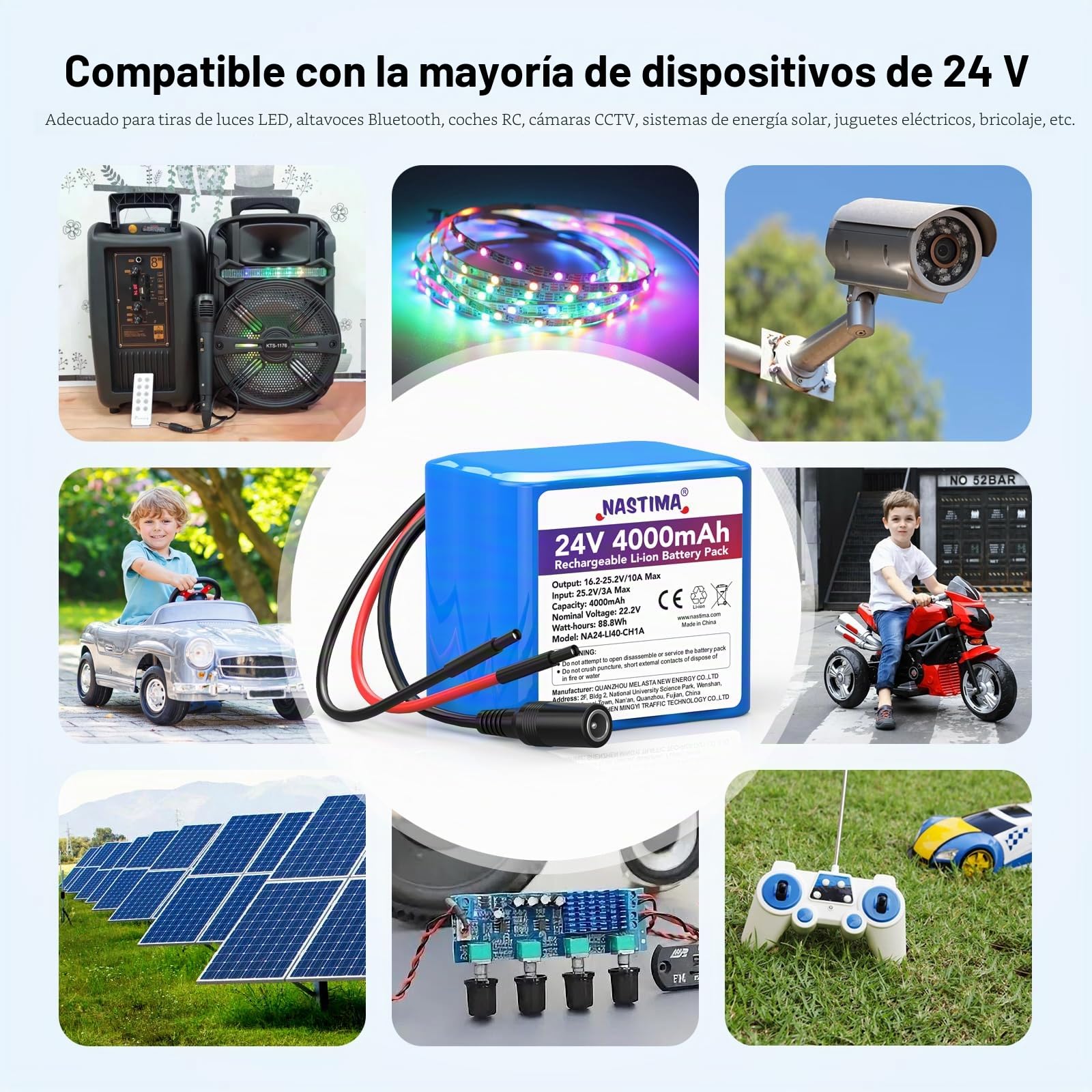 NASTIMA de 4000mAh y 88,8Wh 24V Batería Recargable de Iones de Litio | para Altavoces Bluetooth, Coches Teledirigidos, Sistemas de Energía Solar, Bricolaje, etc. Incluye Cargador y Conector