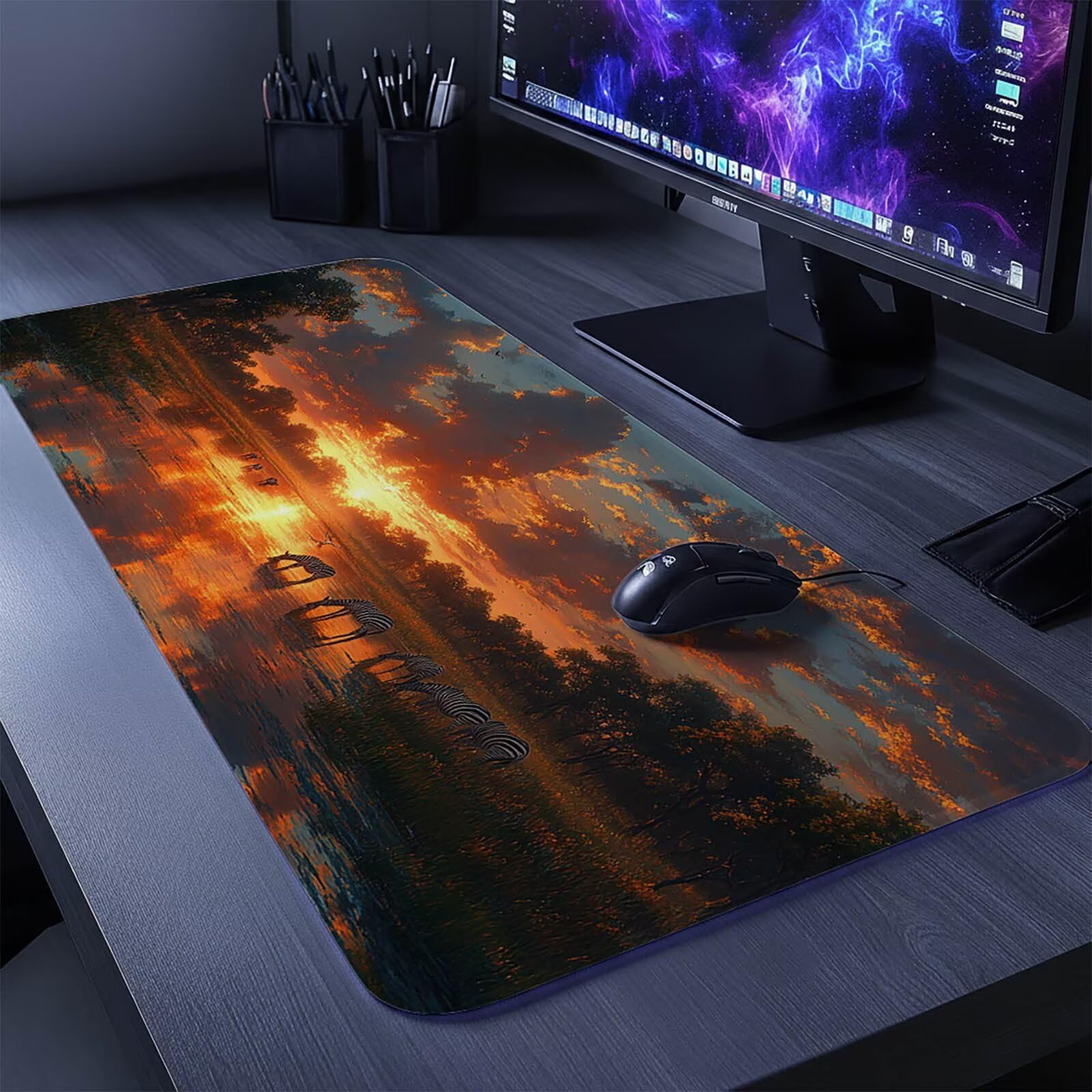 Podkładka pod mysz zebra xxl 140 x 60 x 0,3 cm podkładka pod mysz z antypoślizgową gumową podstawą do laptopa Klawiatura Gamer PC Dekoracja Jesień Biuro Zachód słońca DBYH0490